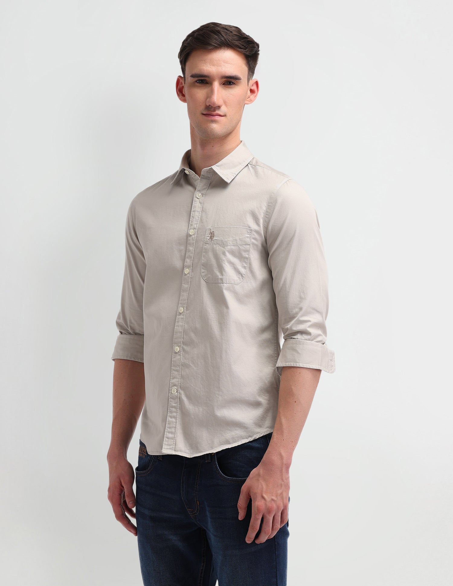 Slim Fit Cotton Shirt Beige - U.S. Polo Assn. India | Large