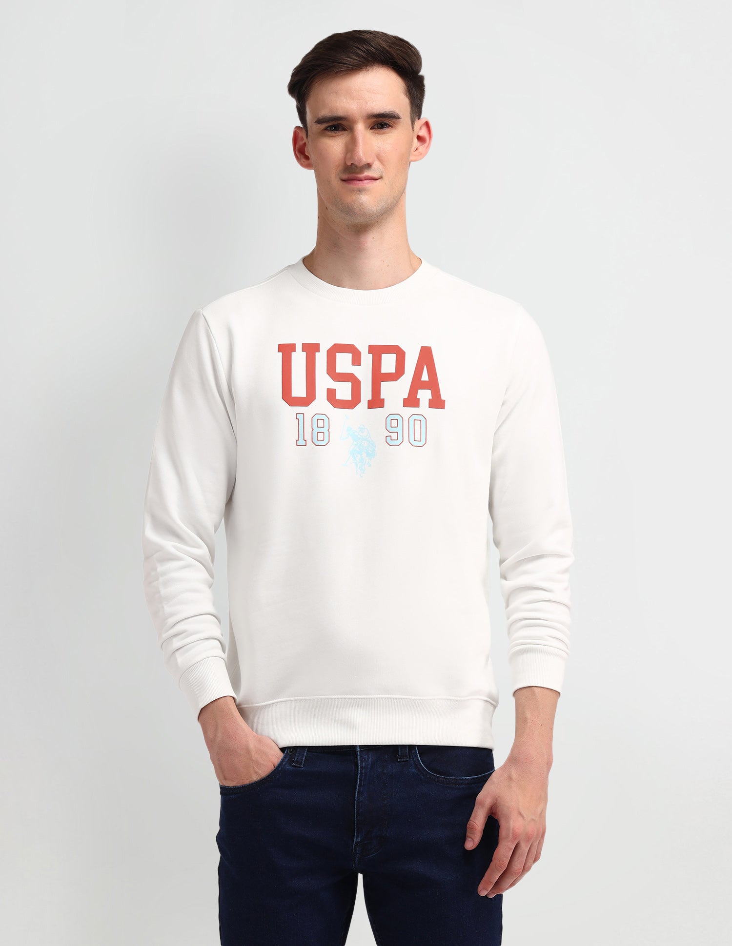 Crew Neck Brand Printed Sweatshirt Ivory - U.S. Polo Assn. India | Large
