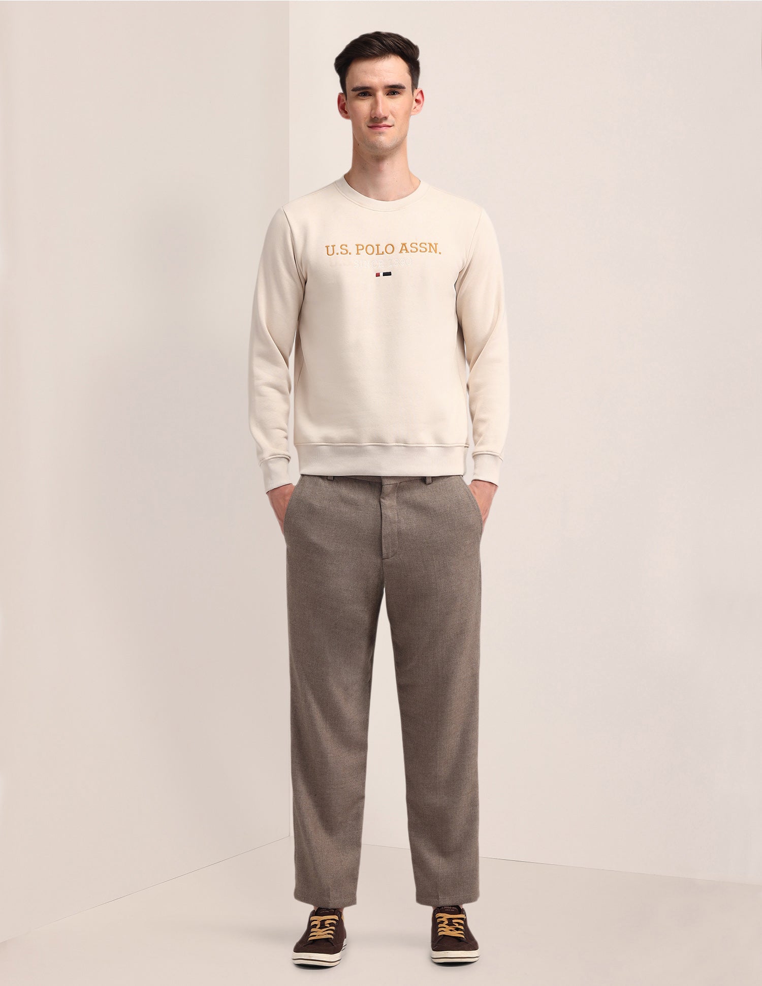 Crew Neck Brand Printed Sweatshirt Beige - U.S. POLO ASSN. | Large