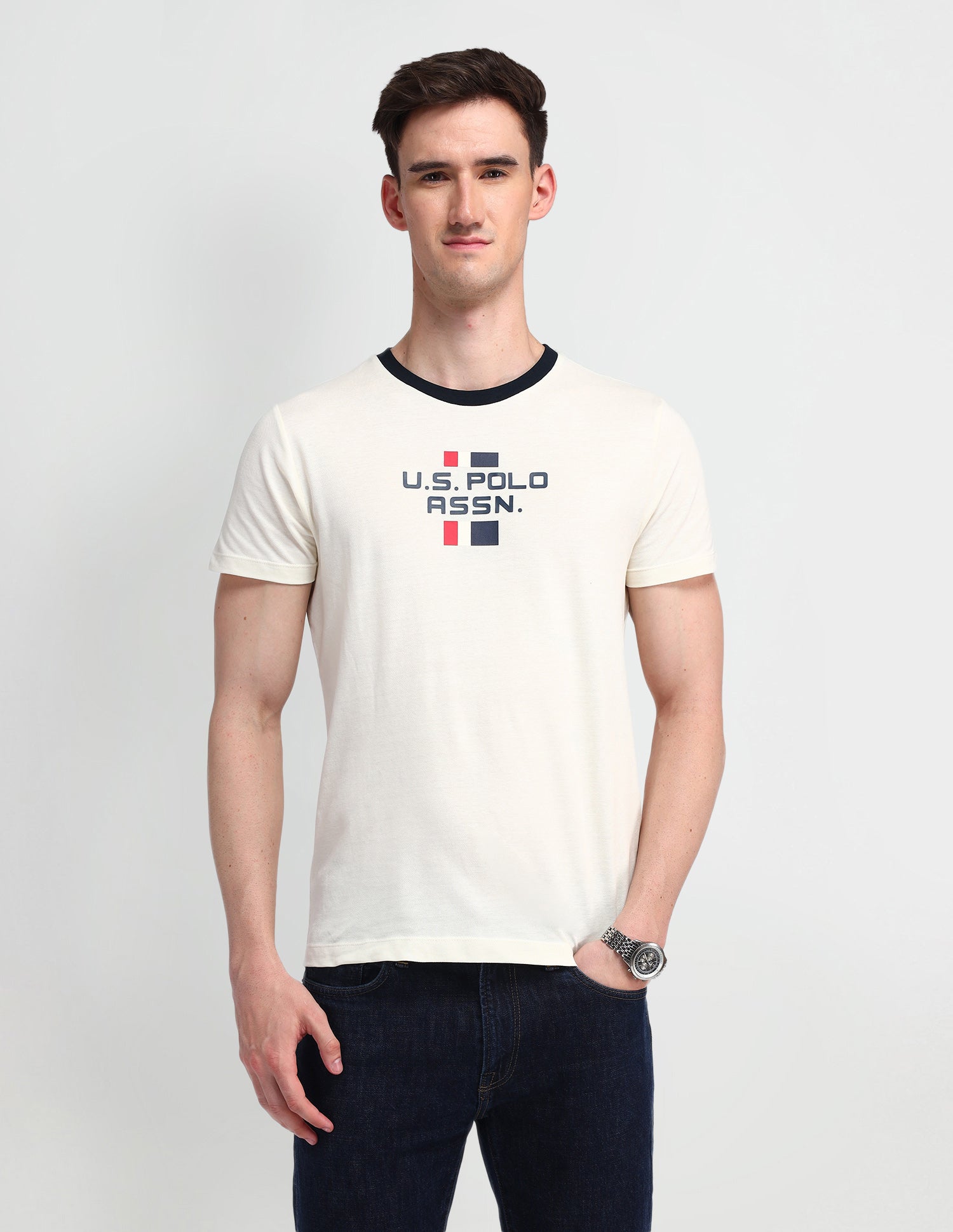 Brand Printed Muscle Fit T-Shirt Uspa Ivory - U.S. Polo Assn. India | Large