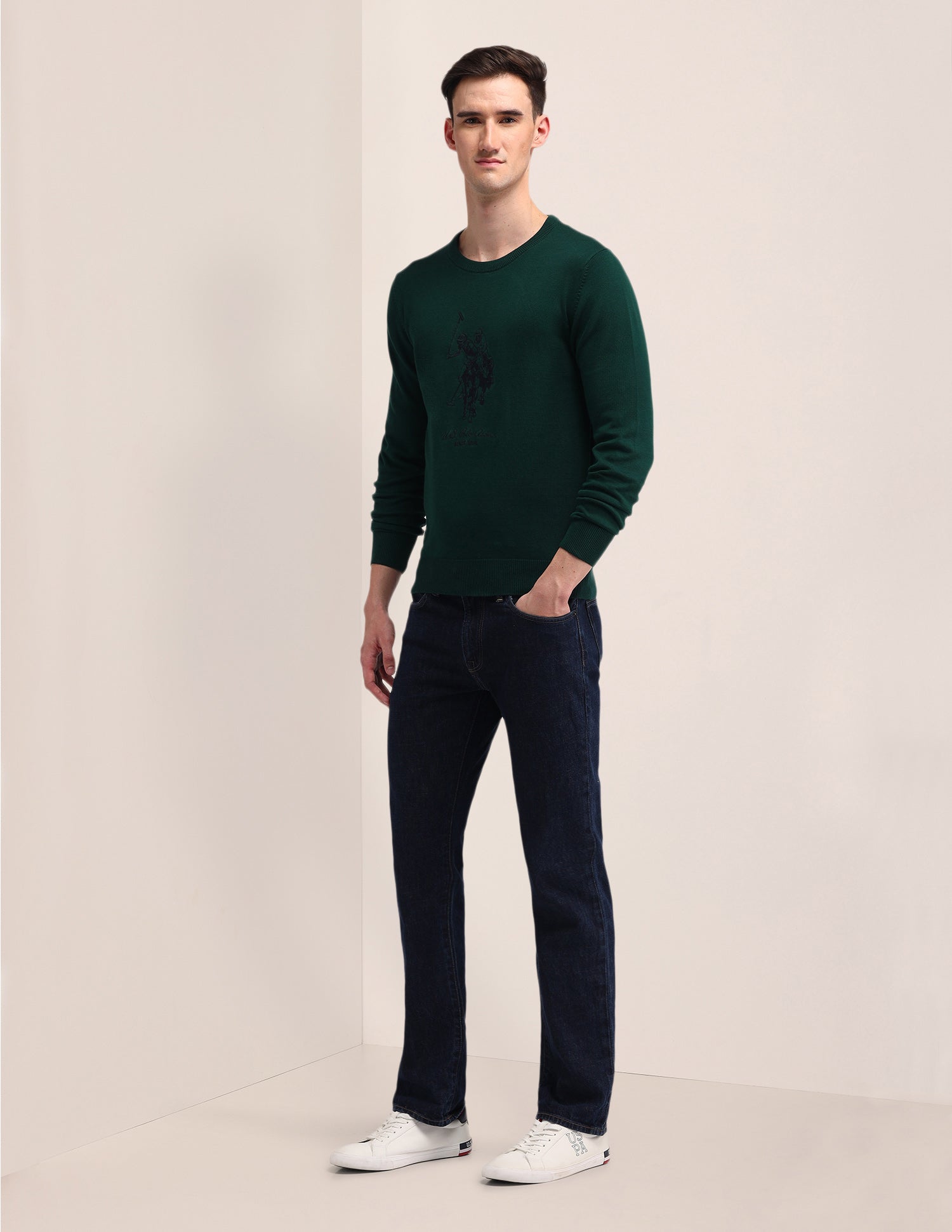 Crew Neck Logo Sweater Olive - U.S. Polo Assn. India | Large