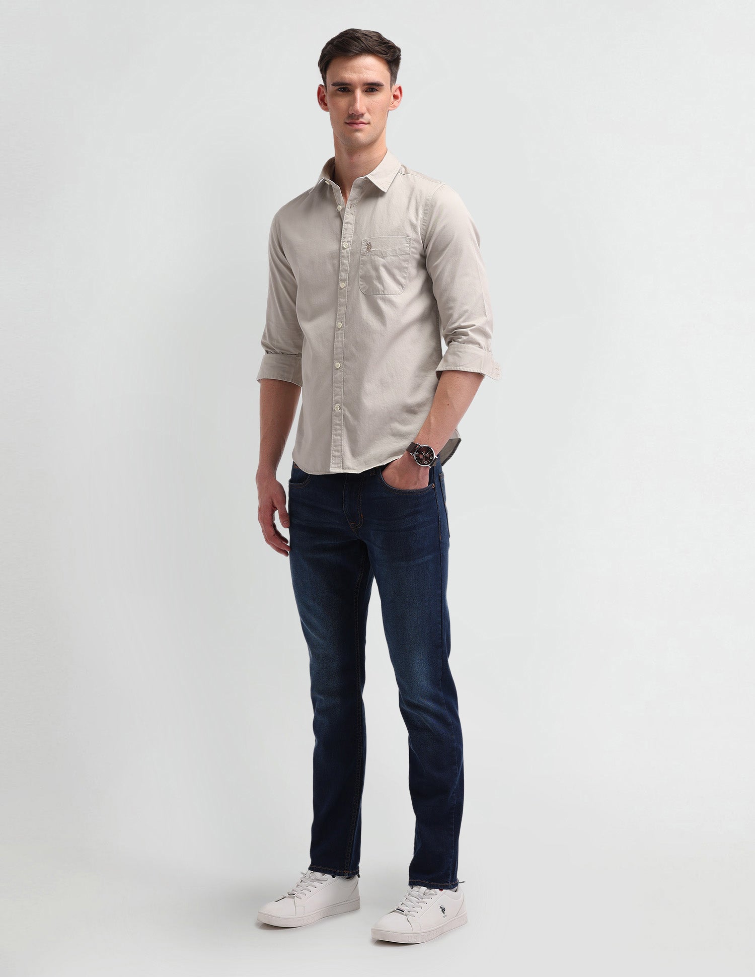 Slim Fit Cotton Shirt Beige - U.S. Polo Assn. India | Large