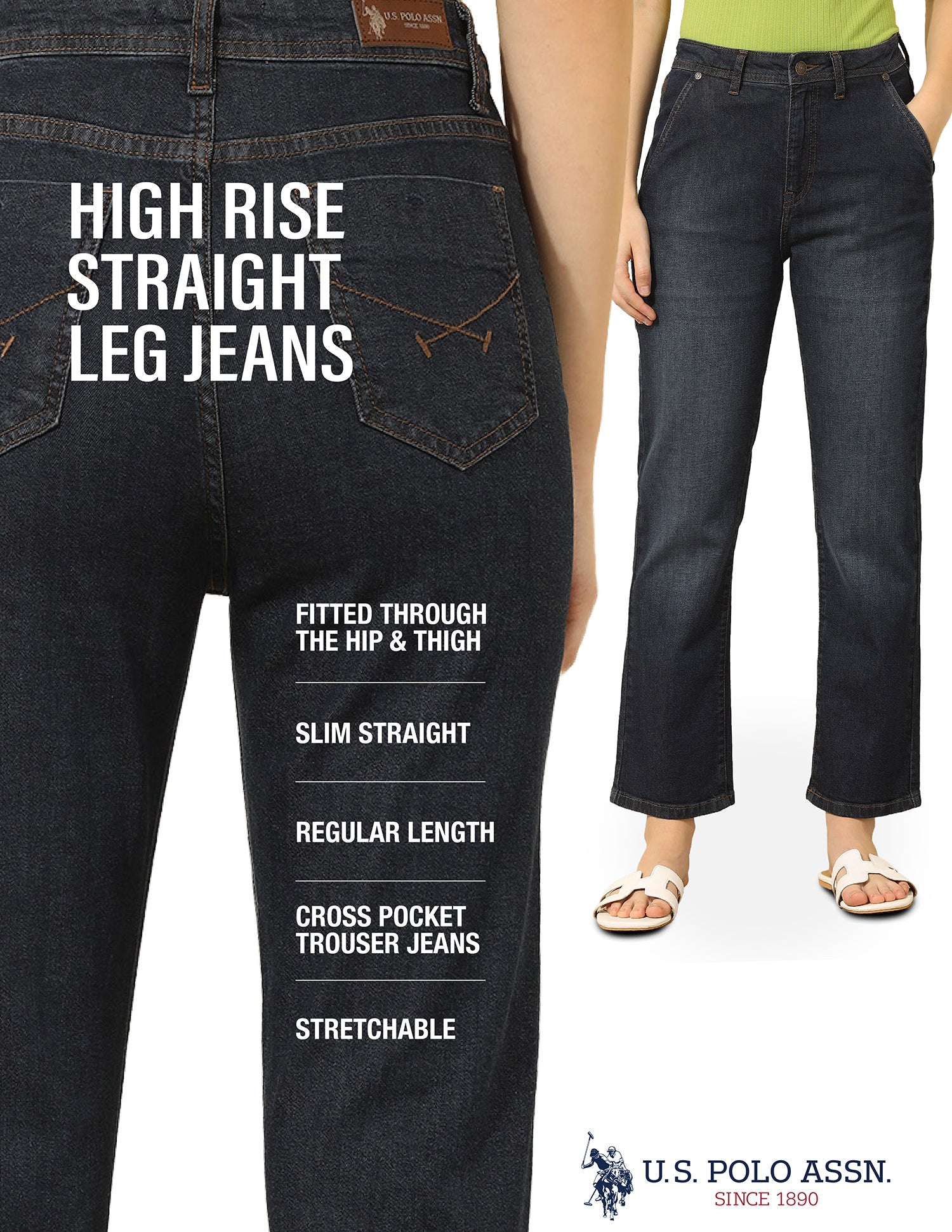 High Rise Straight Fit Jeans Dark Blue - U.S. Polo Assn. India | Large