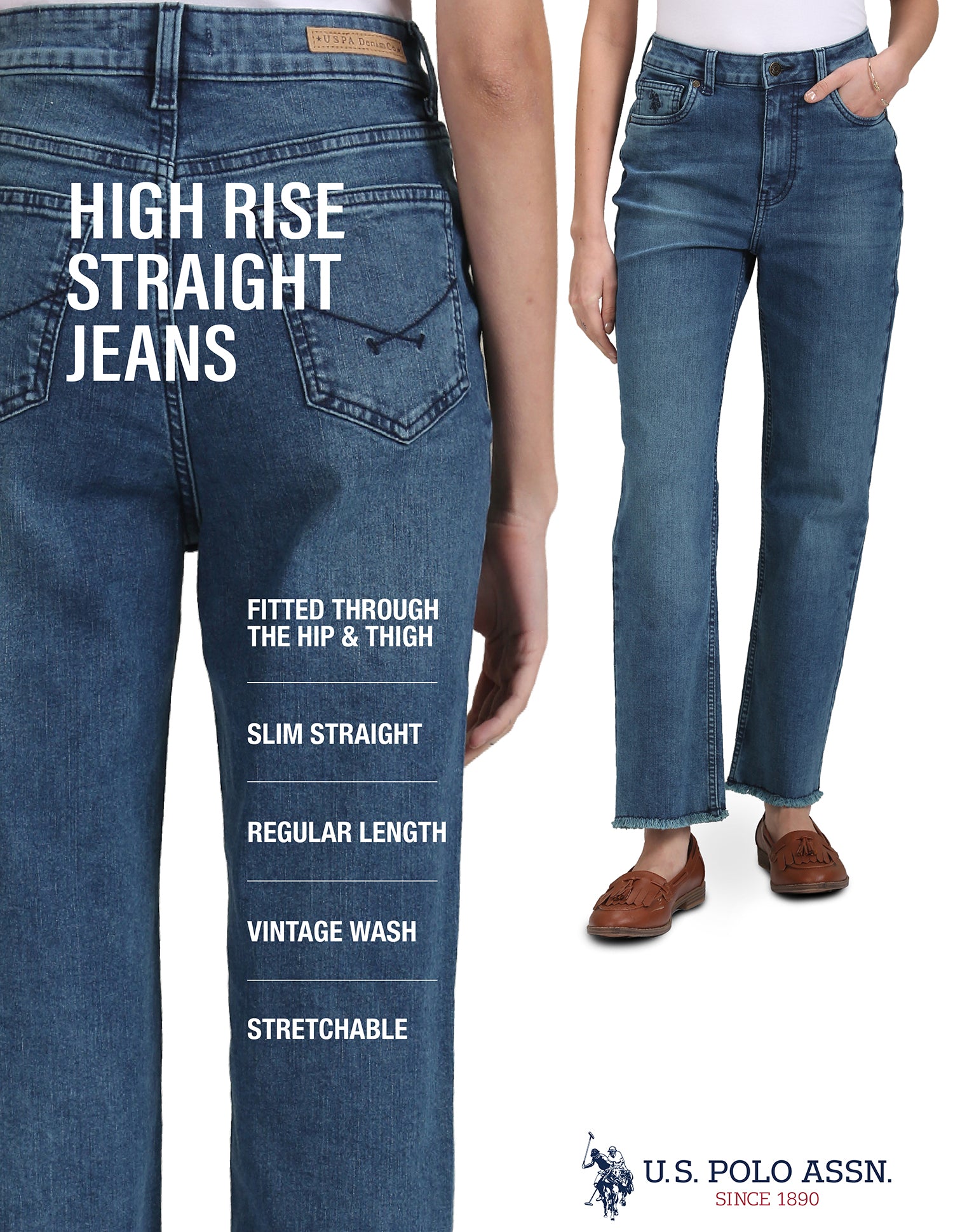 Straight Fit High Rise Jeans Blue - U.S. Polo Assn. India | Large