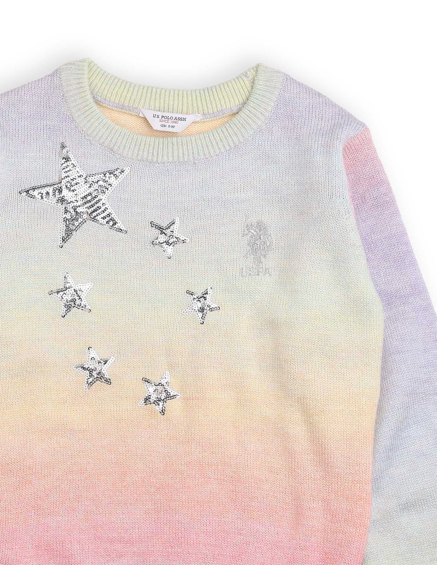 GirlsCrew Neck Embellished Sweater Pink and Grey - U.S. POLO ASSN. | Large