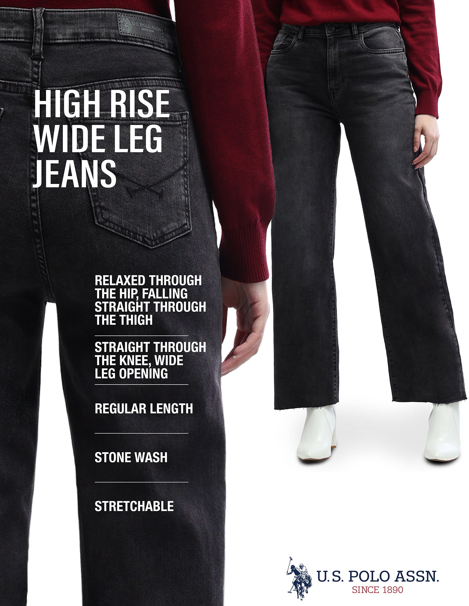 High Rise Wideleg Stretchable Jeans Dark Grey - U.S. Polo Assn. India | Large