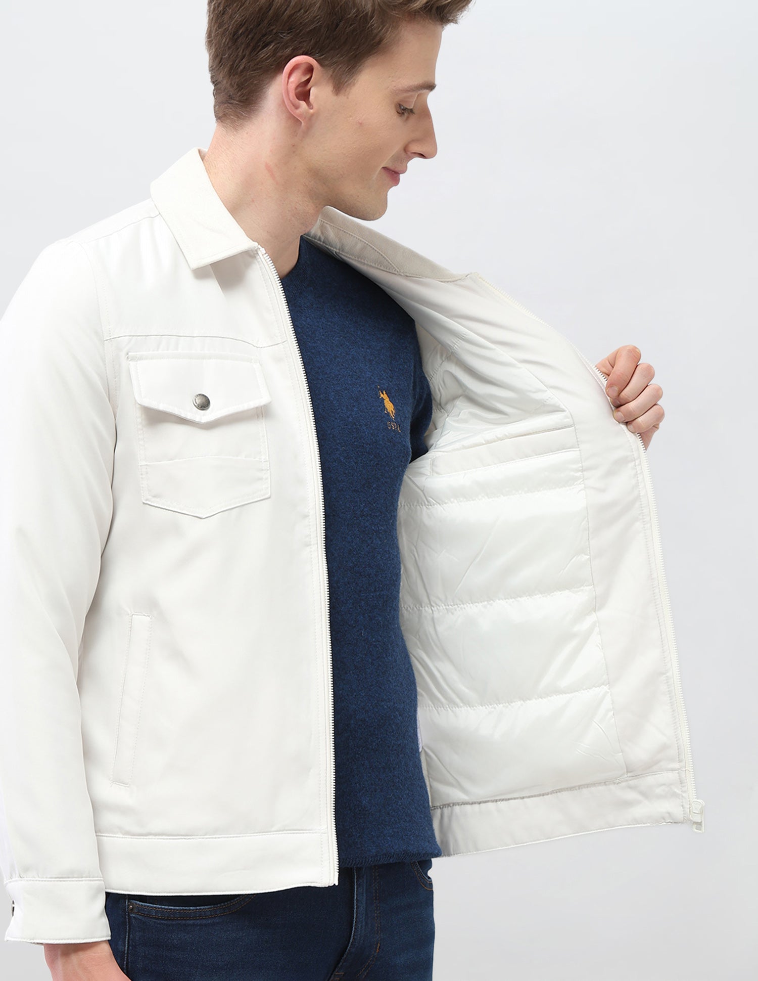 Solid Regular Fit Jacket Off White - U.S. Polo Assn. India | Large
