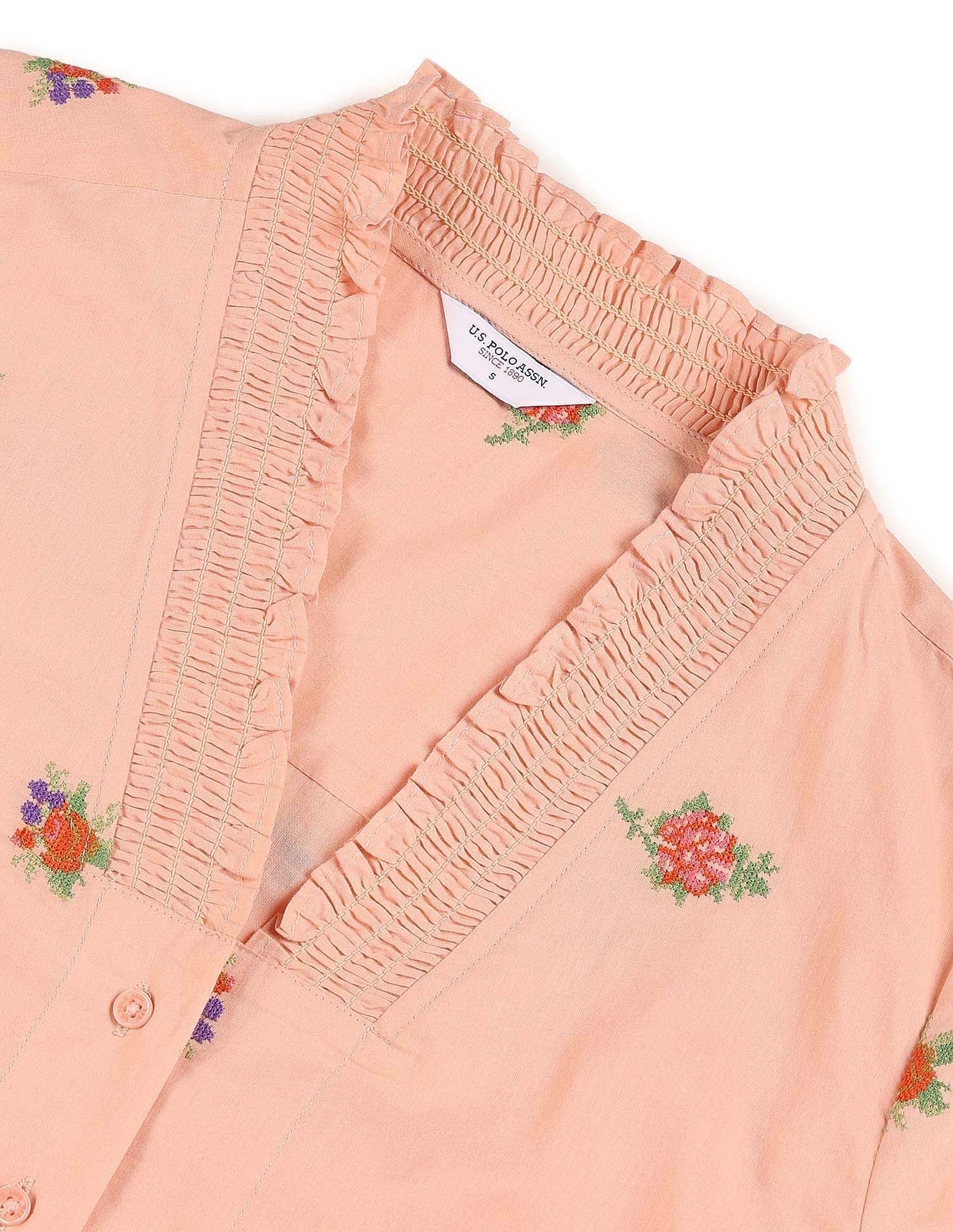 Floral Embroidered Ruffle Top Peach - U.S. POLO ASSN. | Large