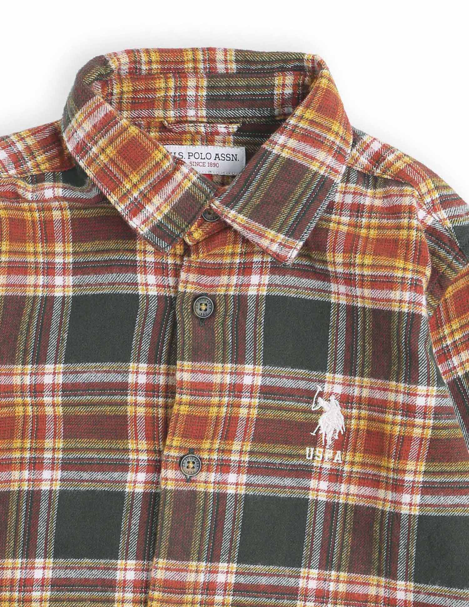 Boys Plaid Checked Twill Shirt Orange - U.S. POLO ASSN. | Large