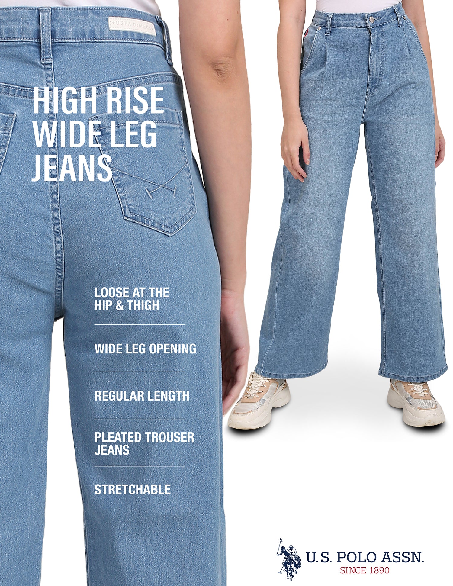 High Rise Pleated Wide Leg Jeans Light Blue - U.S. Polo Assn. India | Large