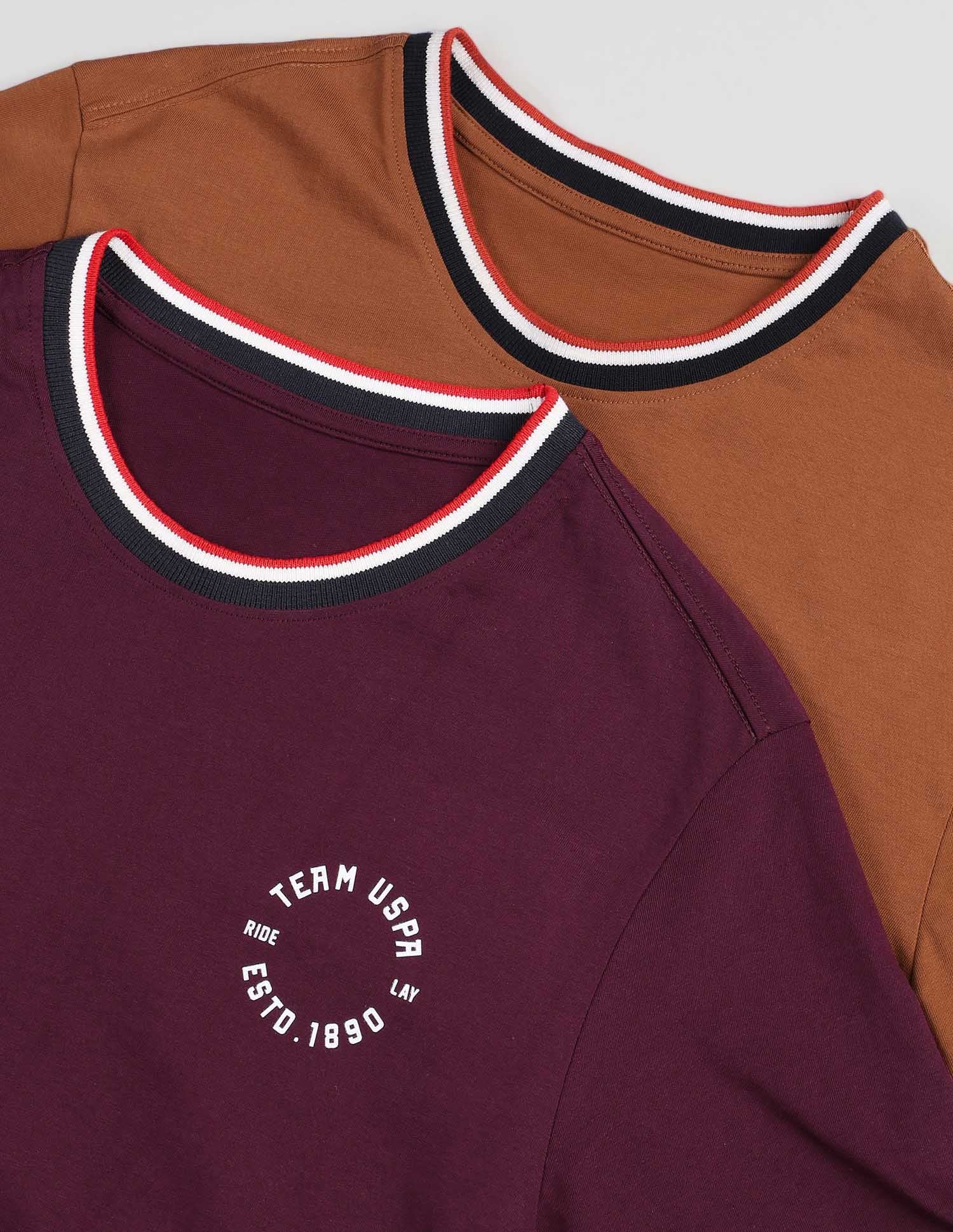 Comfort Fit Pure Cotton OEE01 Lounge T-Shirt - Pack Of 2 Earthy Brown and Dark Wine - U.S. POLO ASSN. | Large