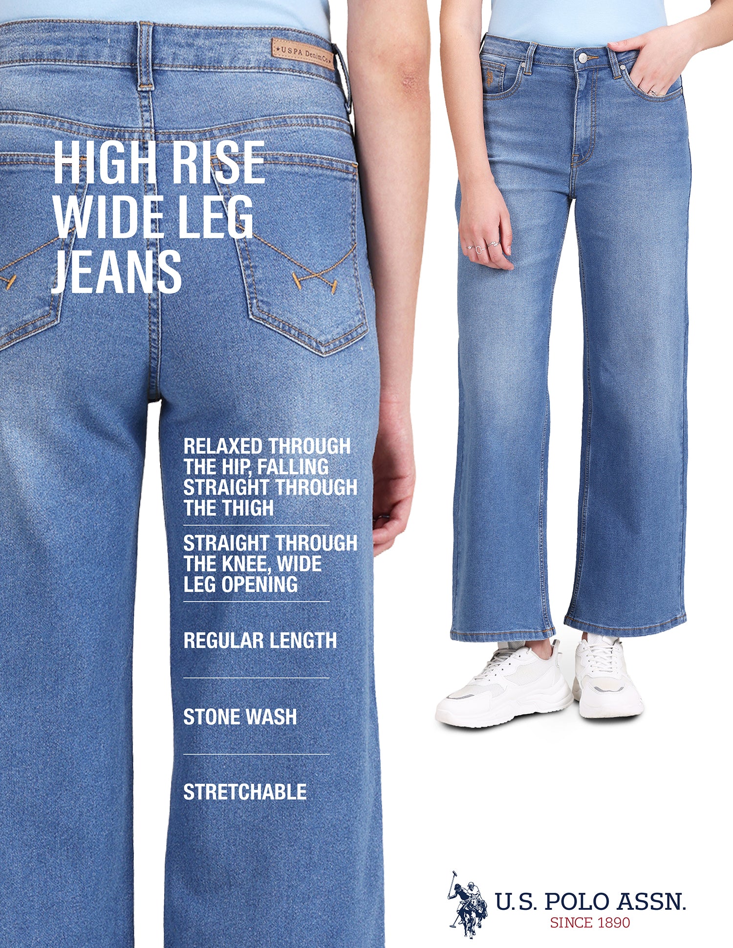 High Rise Wide Leg Jeans Blue - U.S. Polo Assn. India | Large