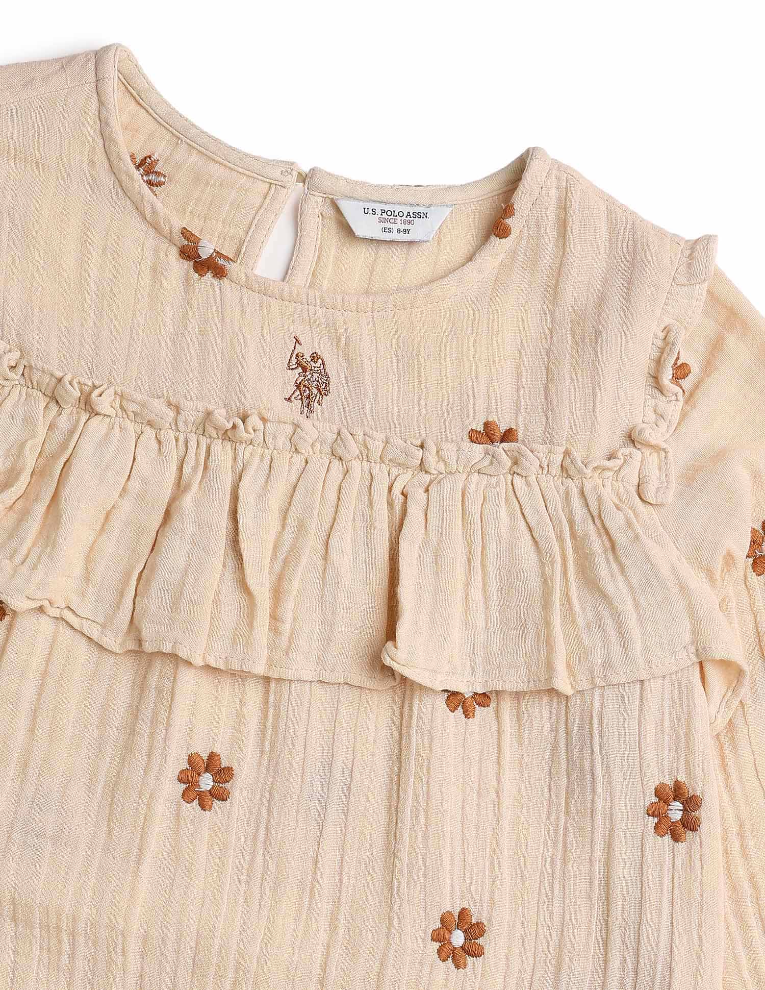 Girls Floral Embroidered A-Line Dress Beige - U.S. POLO ASSN. | Large