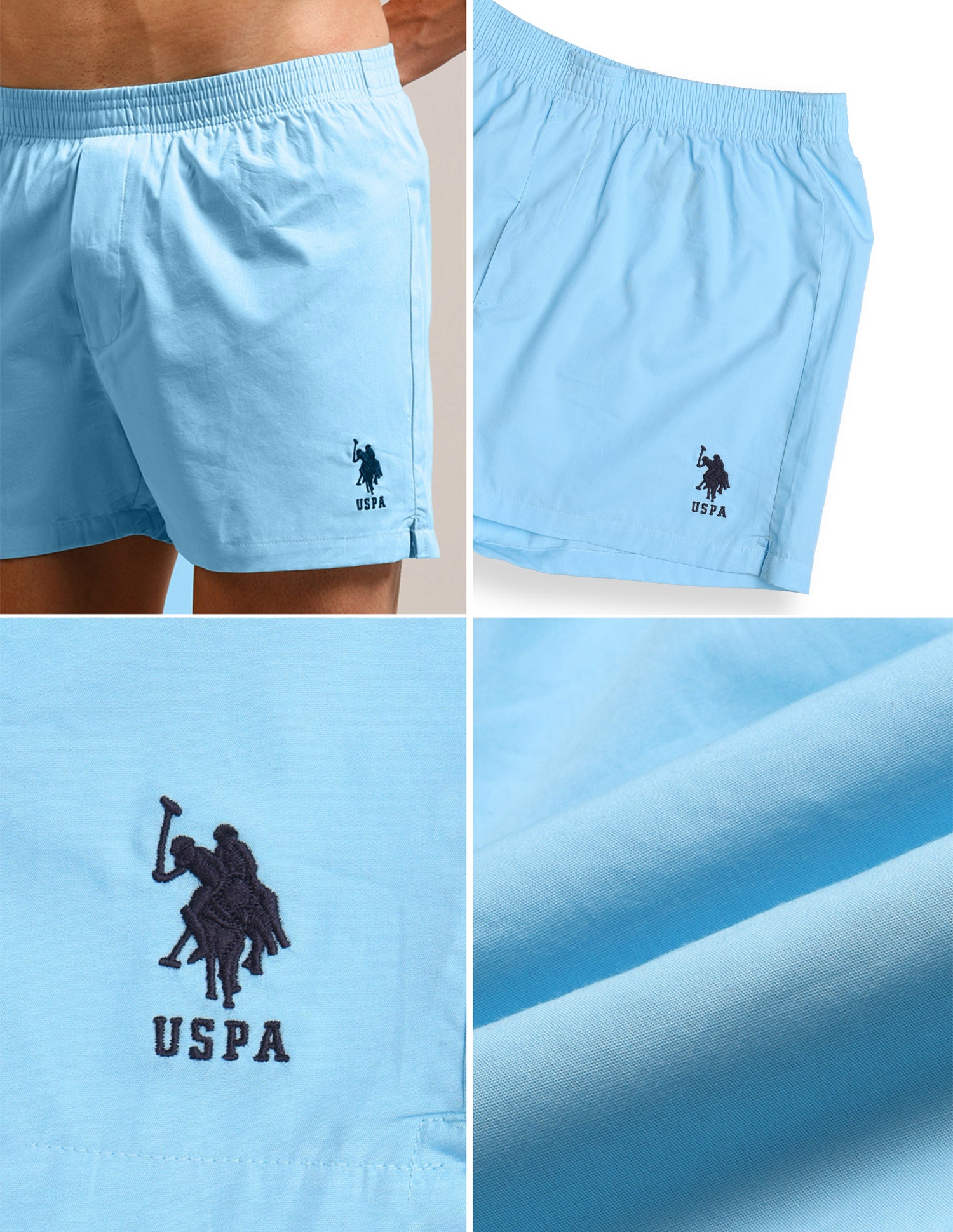 Mid Rise Solid Lounge Shorts - Pack Of 2 Sky Blue & Navy - U.S. Polo Assn. India | Large