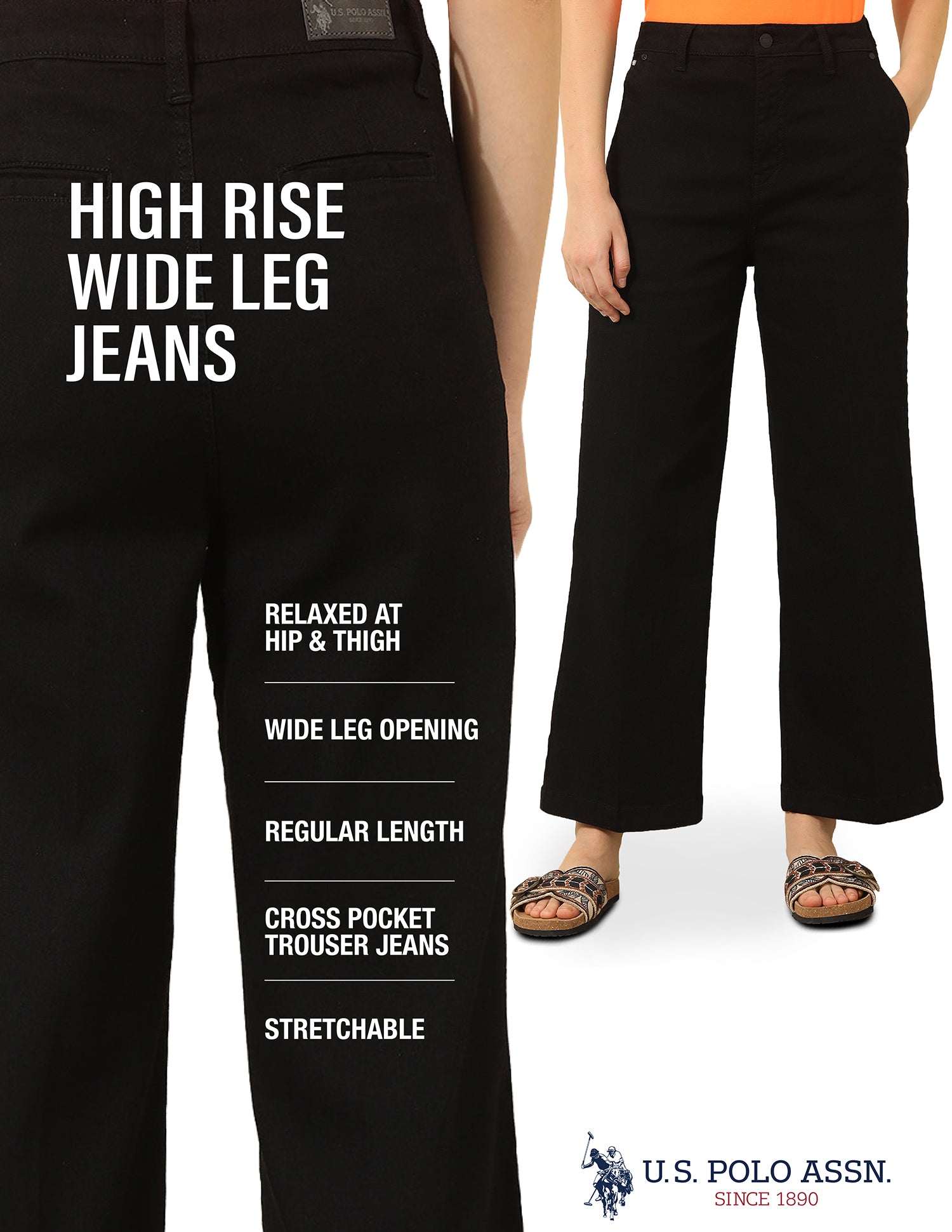 High Rise Wide Leg Jeans Black - U.S. Polo Assn. India | Large