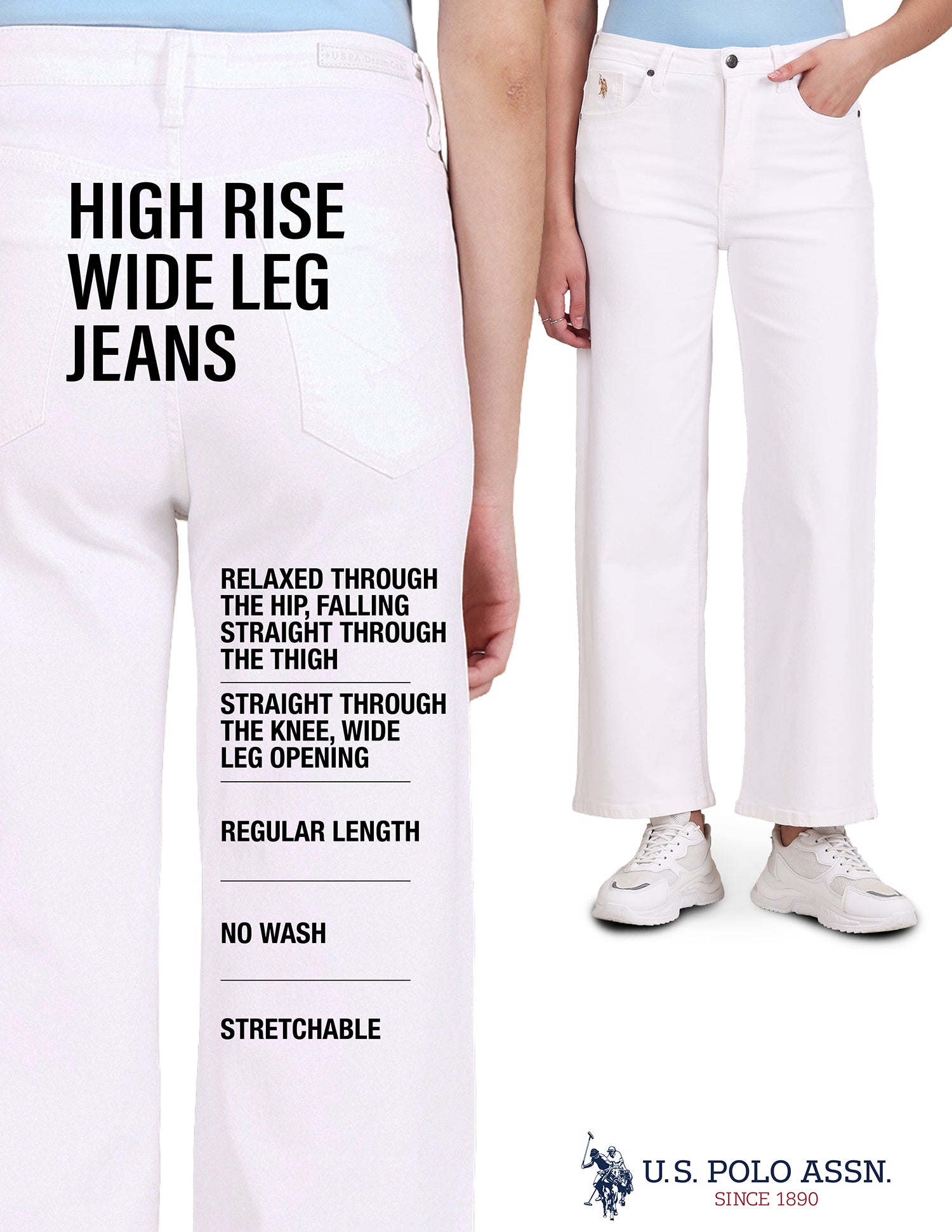 High Rise Twill Wide Leg Jeans White - U.S. Polo Assn. India | Large