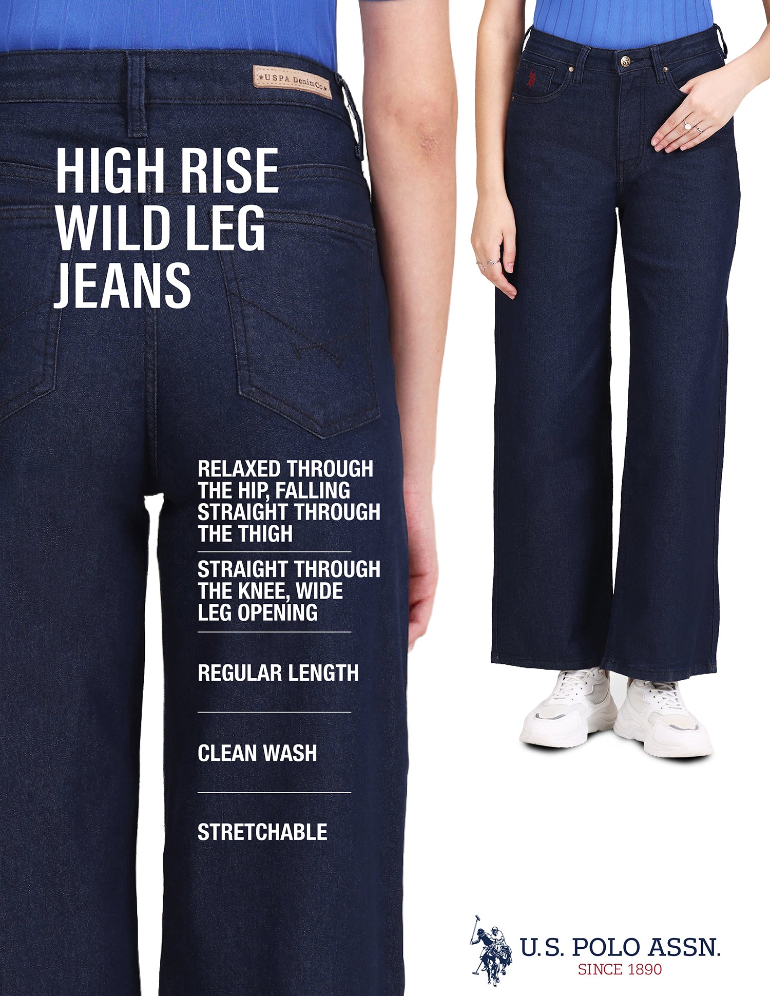 High Rise Rinsed Wide Leg Jeans Blue - U.S. Polo Assn. India | Large