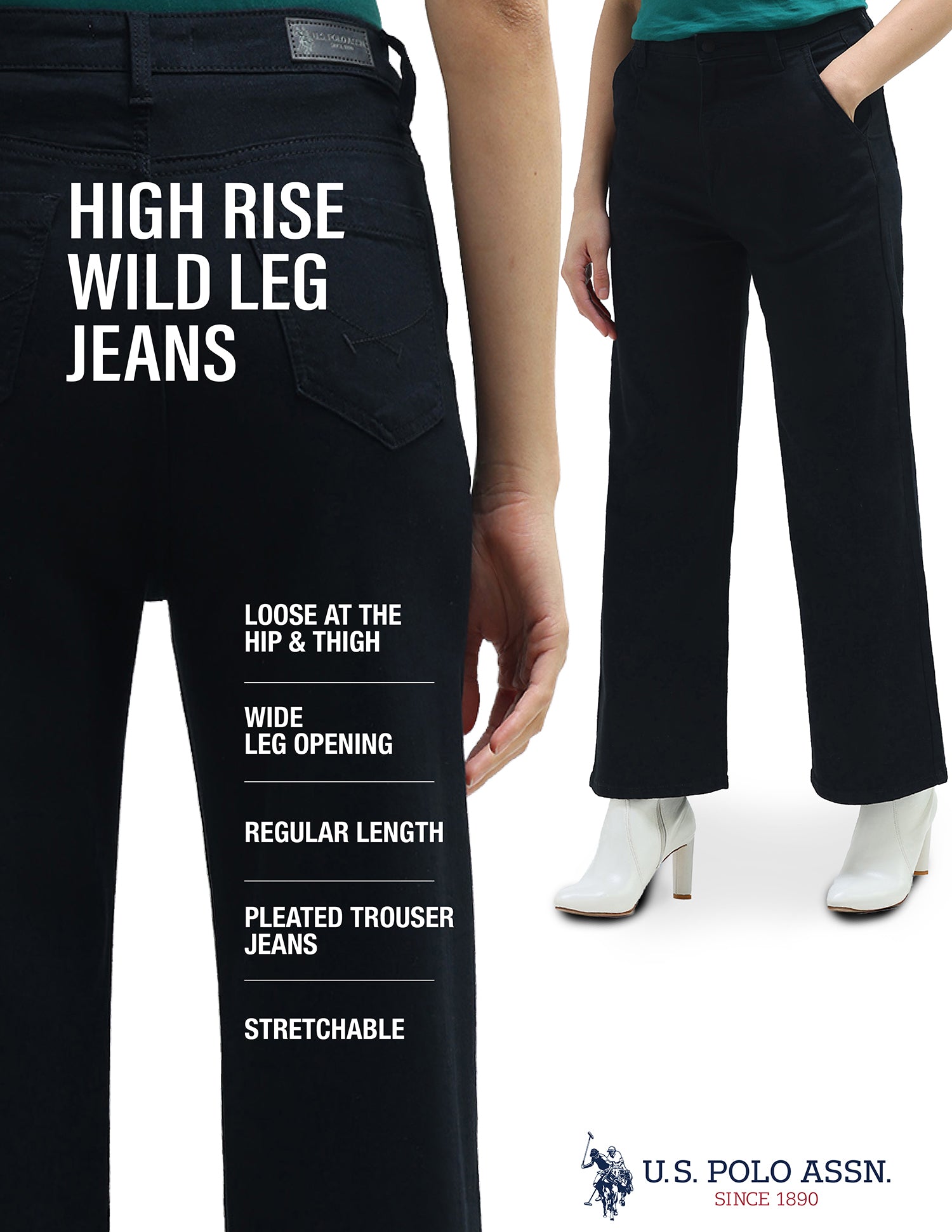 High Rise Pleated Wide Leg Jeans Black - U.S. Polo Assn. India | Large