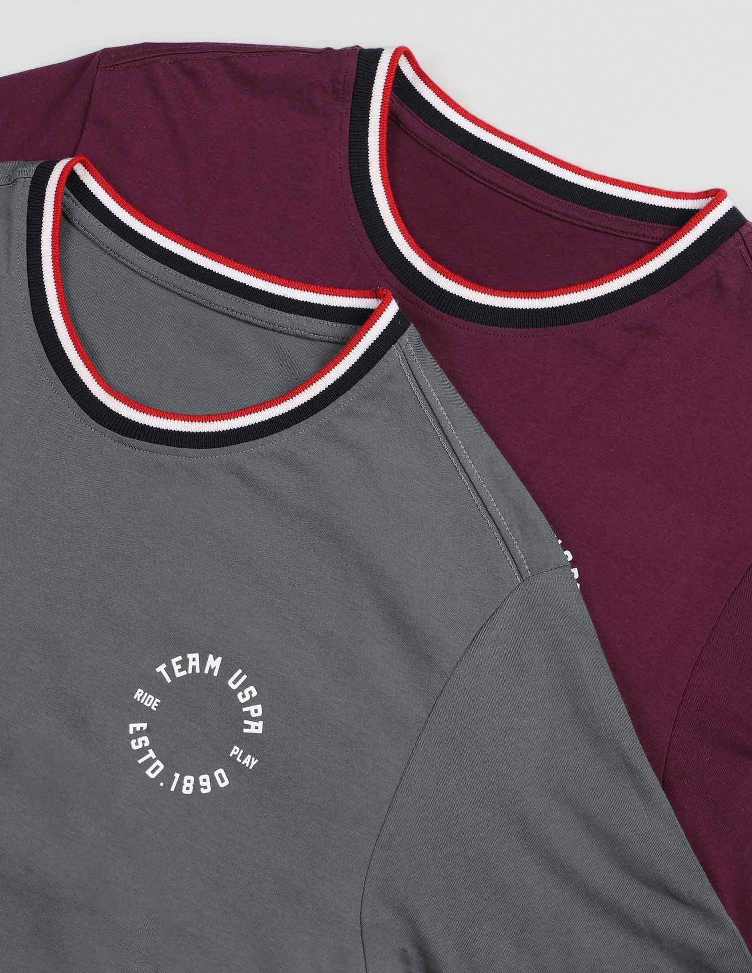 Comfort Fit Pure Cotton OEE01 Lounge T-Shirt - Pack Of 2 Dark Grey and Dark Wine - U.S. POLO ASSN. | Large