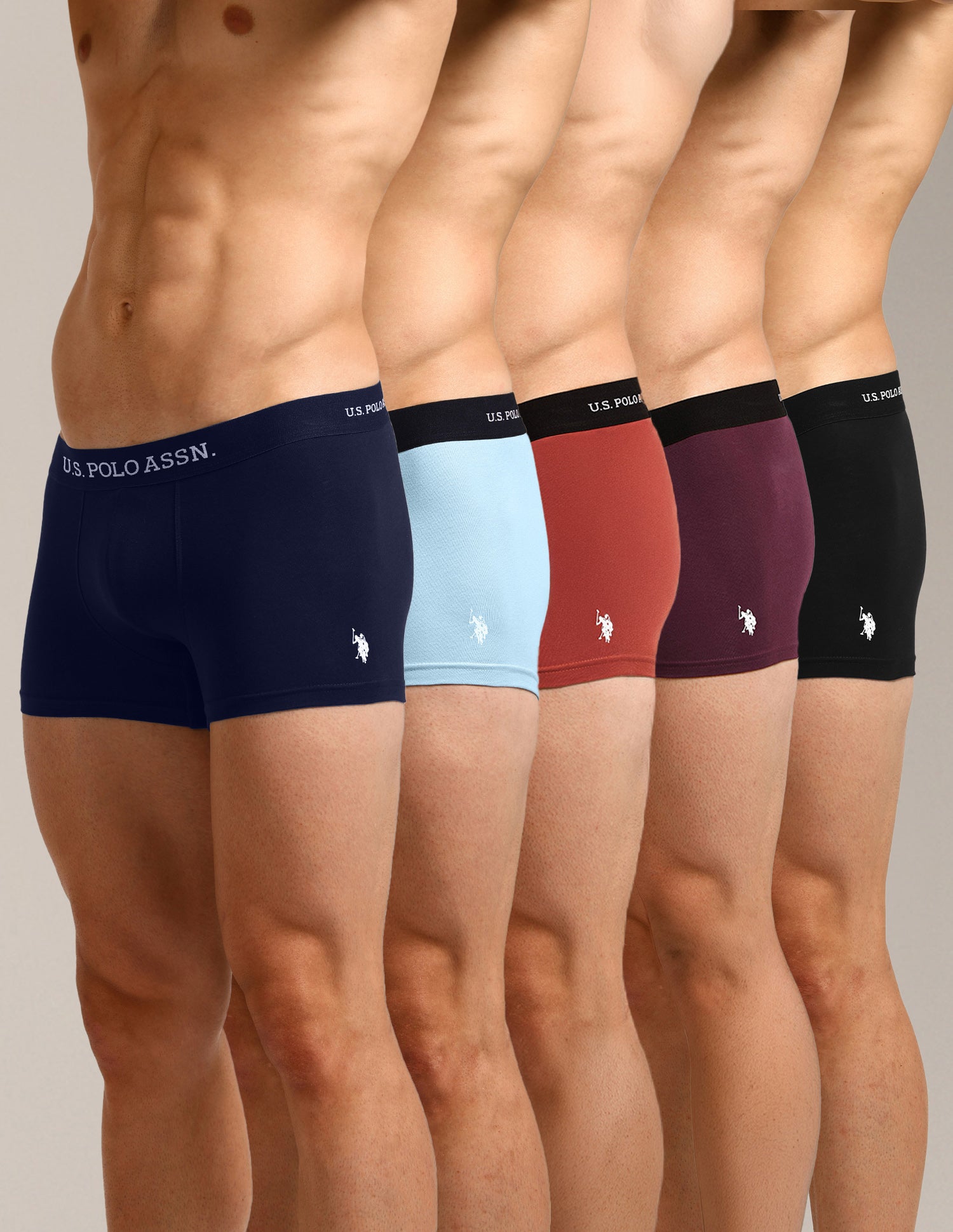 Anti Microbial Solid OET13 Trunks - Pack Of 5 Navy, Burgandy, Black, Rust & Blue - U.S. Polo Assn. India | Large