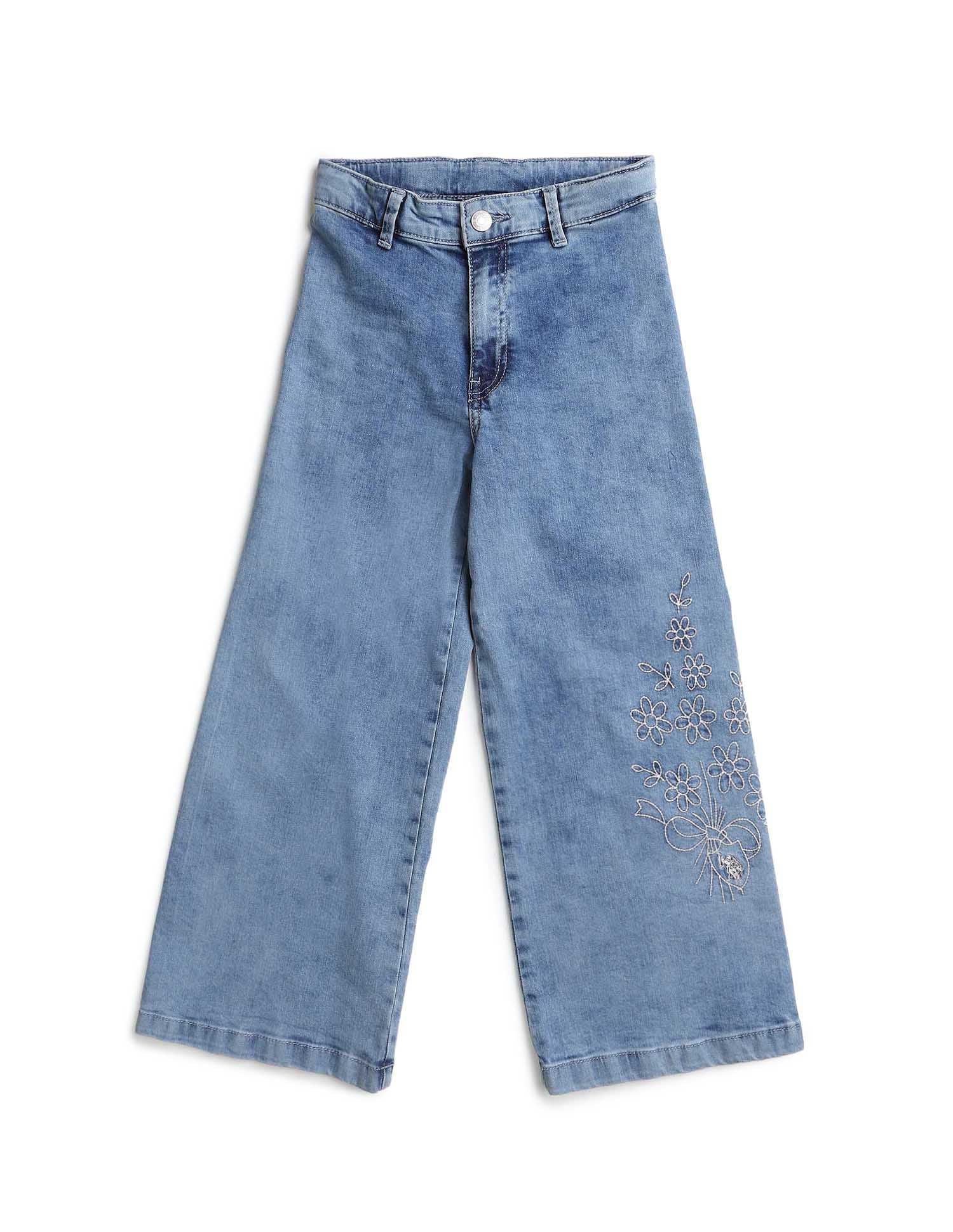 Girls Stone Washed Wide Leg Fit Jeans Blue - U.S. POLO ASSN. | Large