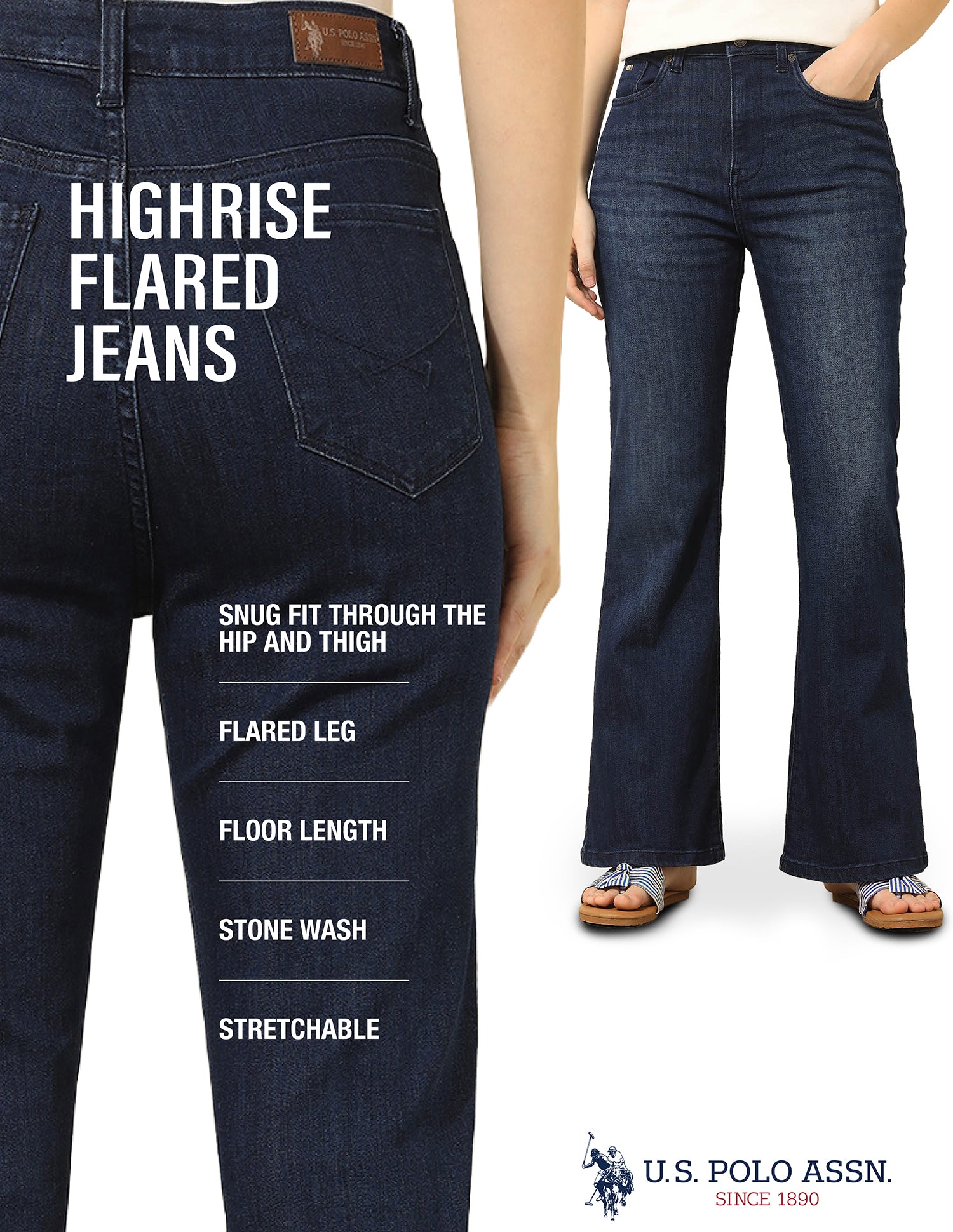 High Rise Flared Fit Jeans Dark Blue - U.S. Polo Assn. India | Large