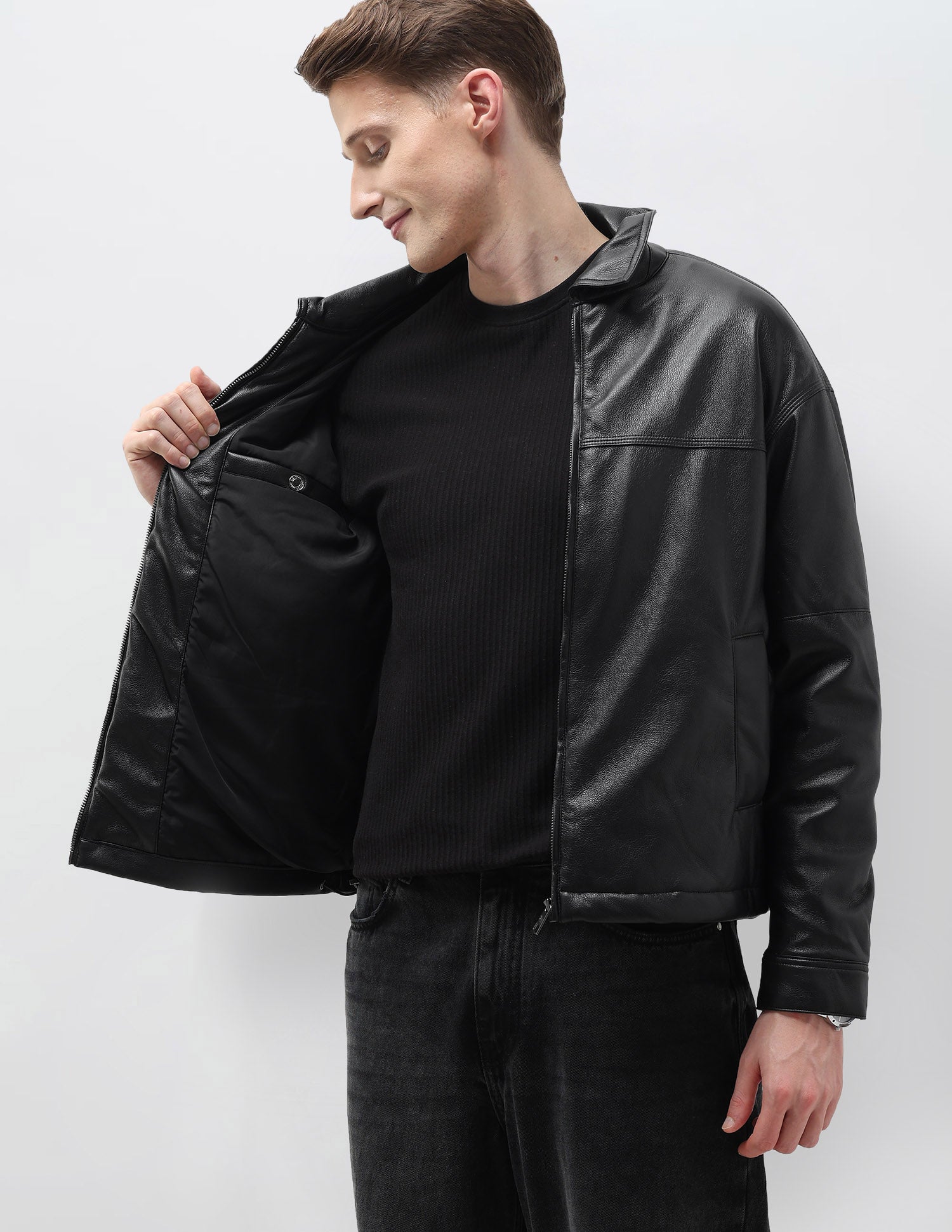 Regular Fit Solid Leather Jacket Black - U.S. Polo Assn. India | Large