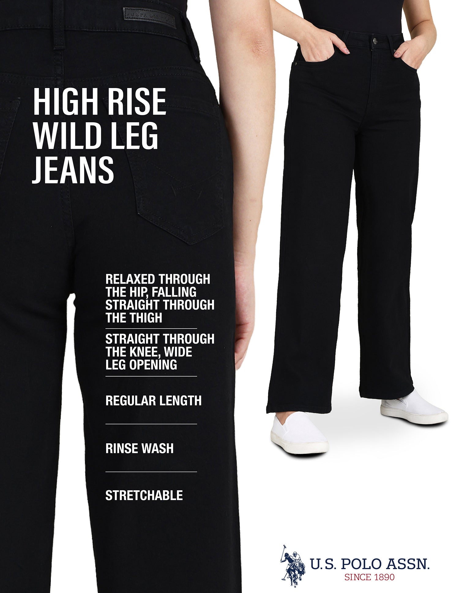 High Rise Wide Leg Jeans Black - U.S. Polo Assn. India | Large