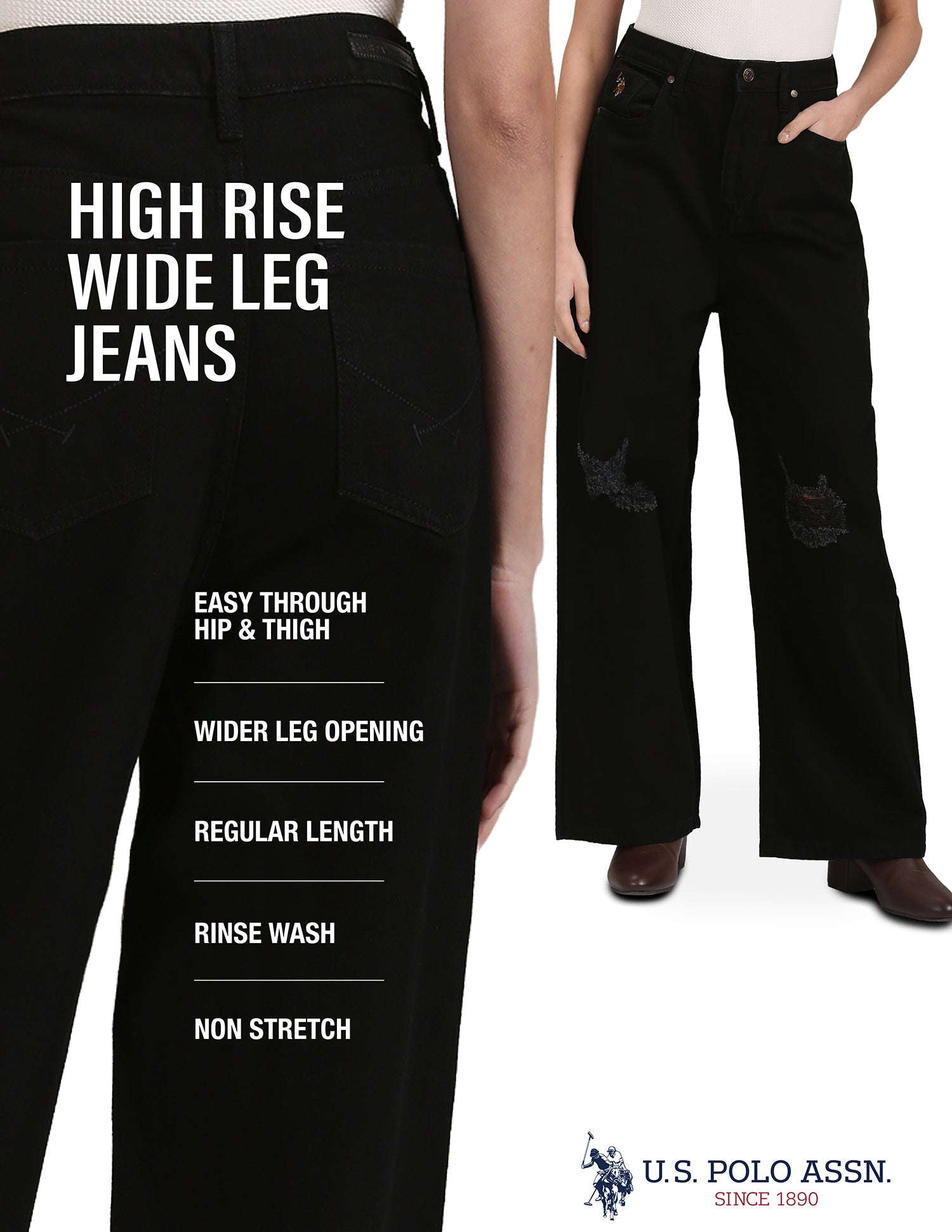 Wide Leg High Rise Jeans Black - U.S. Polo Assn. India | Large