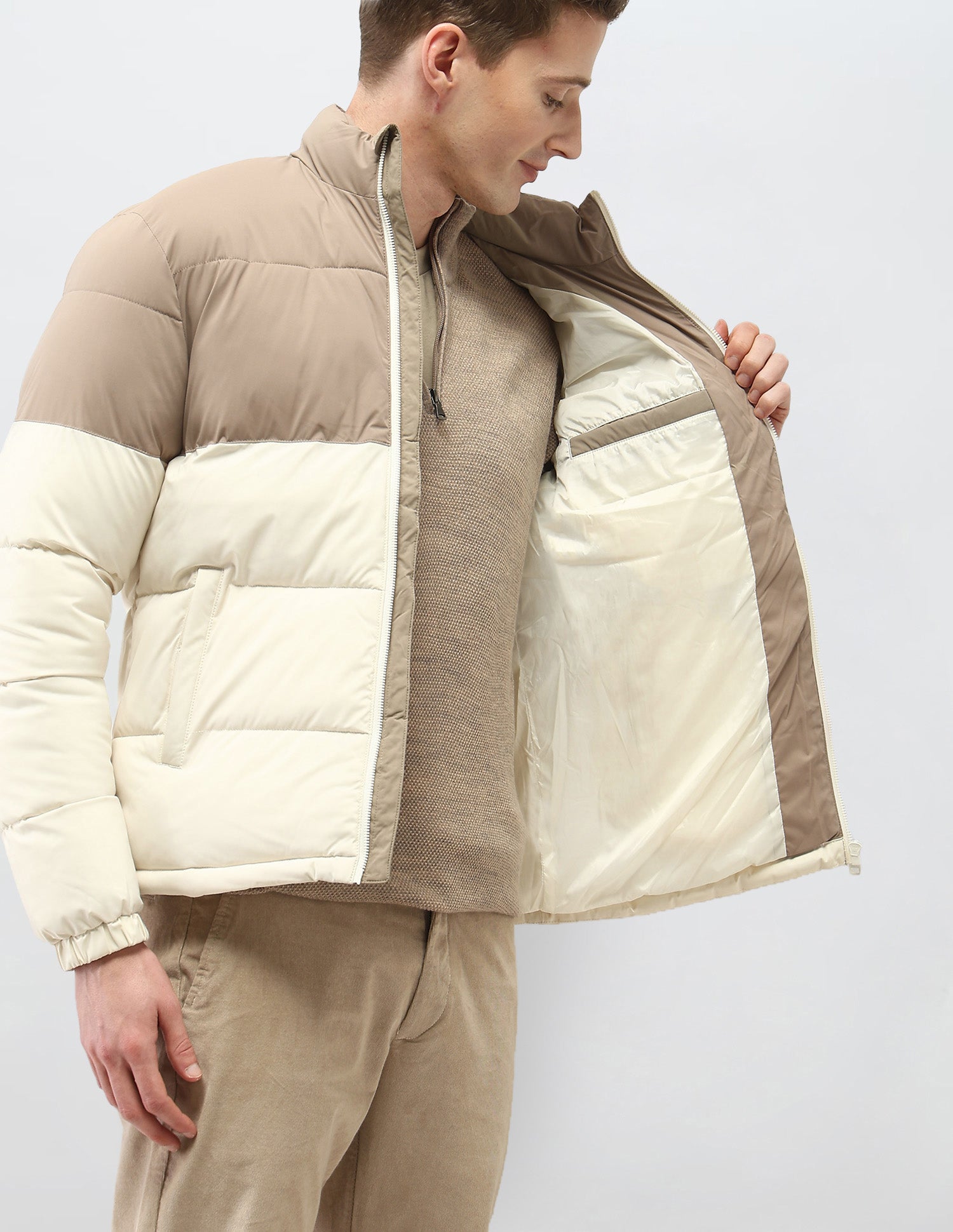 Colour Blocked Regular Fit Puffer Jacket Beige - U.S. Polo Assn. India | Large