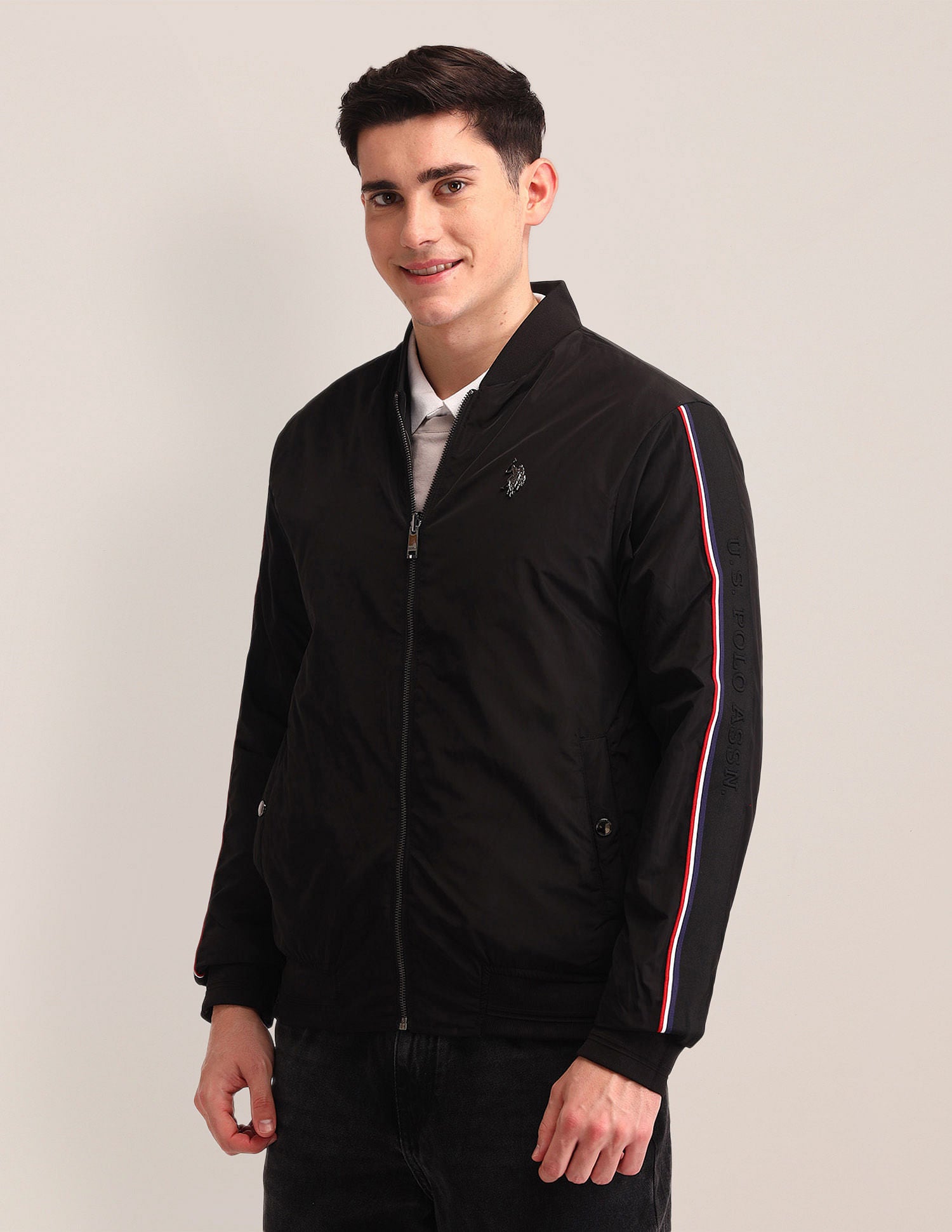 Regular Fit Striped Bomber Jacket Grey - U.S. Polo Assn. India | Large