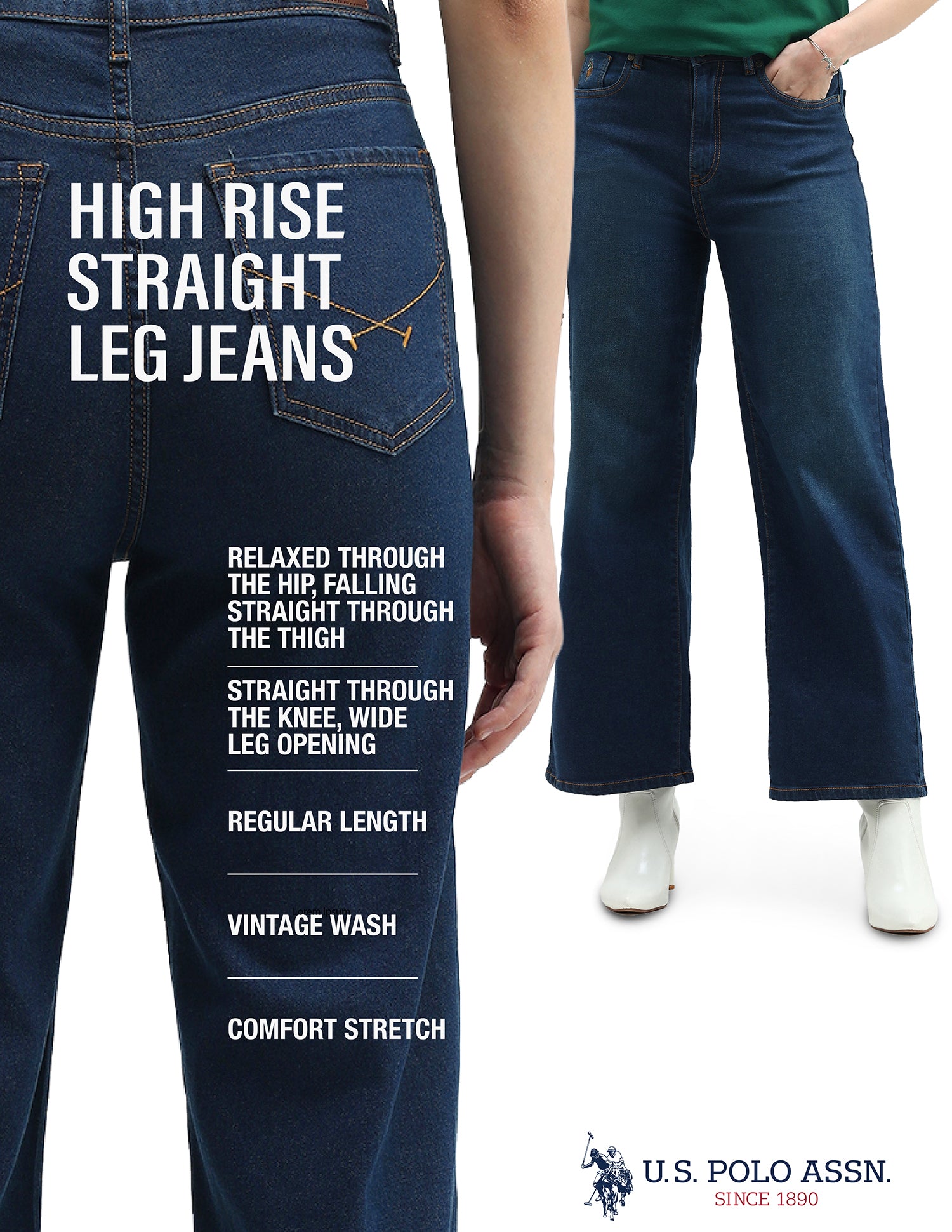 High Rise Wide Leg Jeans Dark Blue - U.S. Polo Assn. India | Large