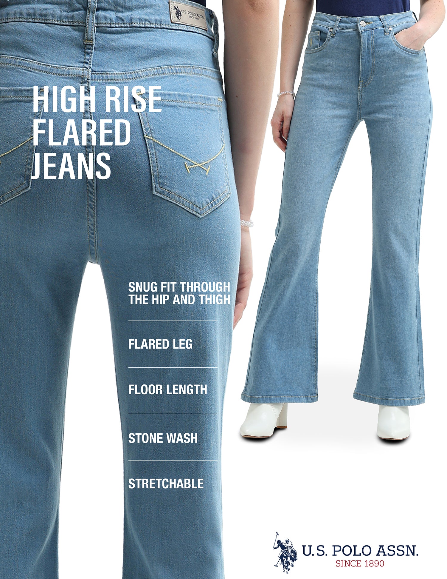 High Rise Flare Fit Jeans Light Blue - U.S. Polo Assn. India | Large