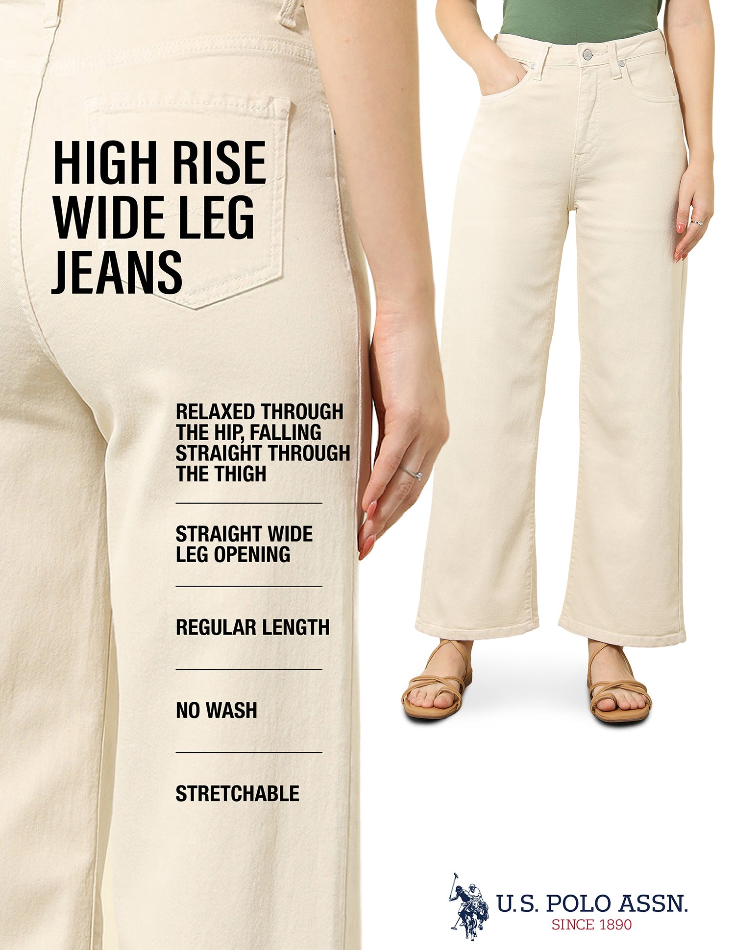 High Rise Wide Leg Jeans Ecru - U.S. Polo Assn. India | Large