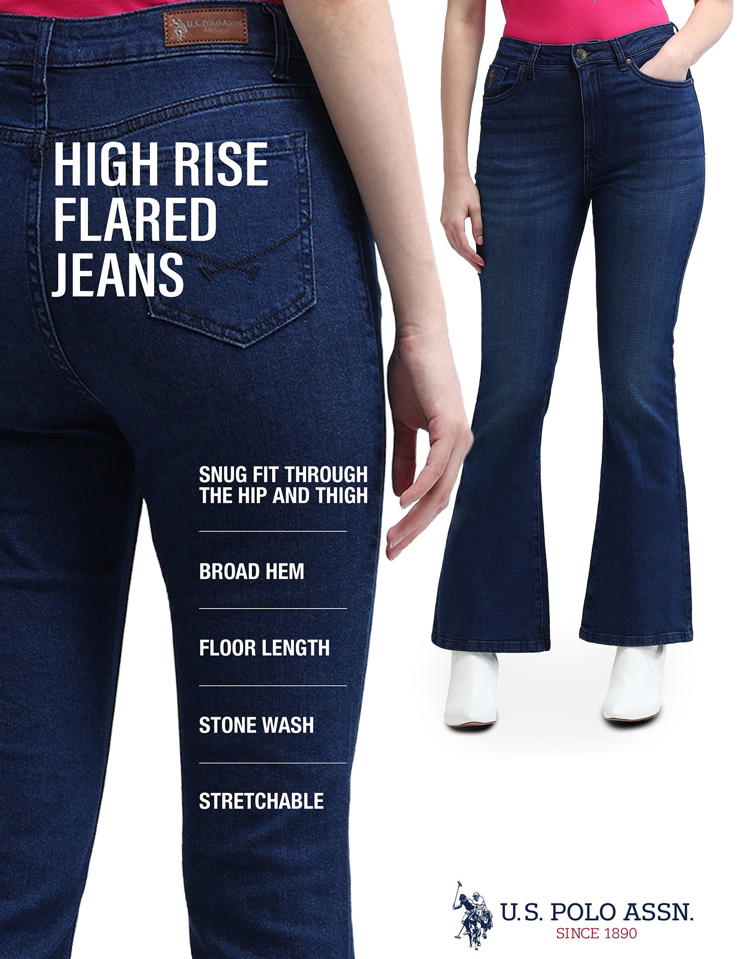 High Rise Flared Fit Jeans Dark Blue - U.S. Polo Assn. India | Large