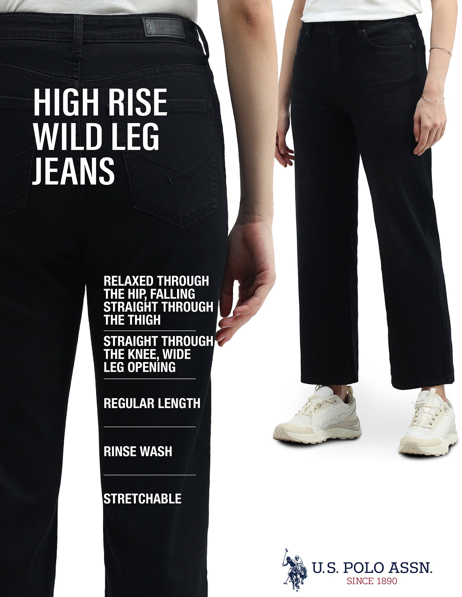 High Rise Wide Leg Jeans Black - U.S. Polo Assn. India | Large