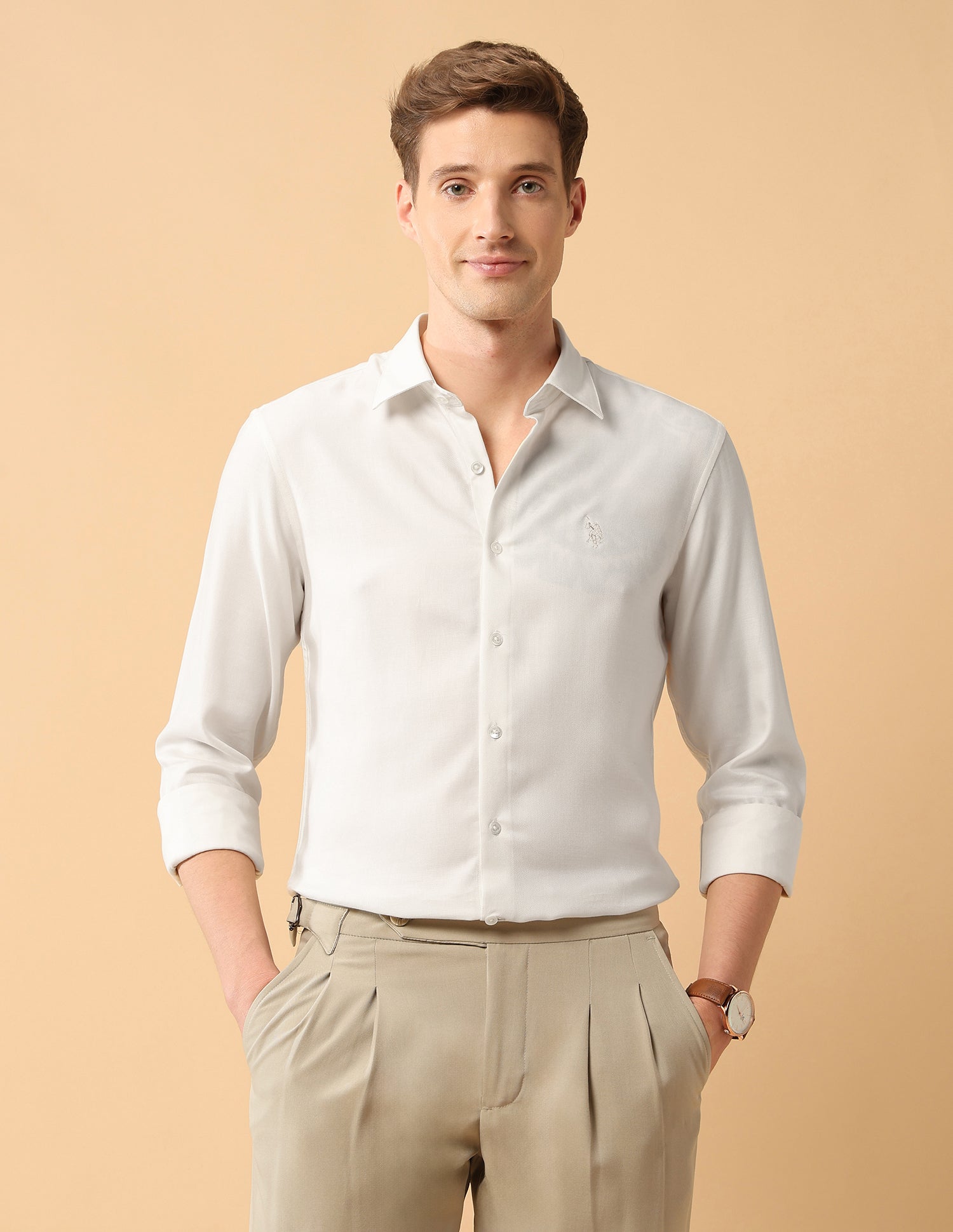 Pacho X Twill Tailored Fit Shirt Ivory - U.S. Polo Assn. India | Large