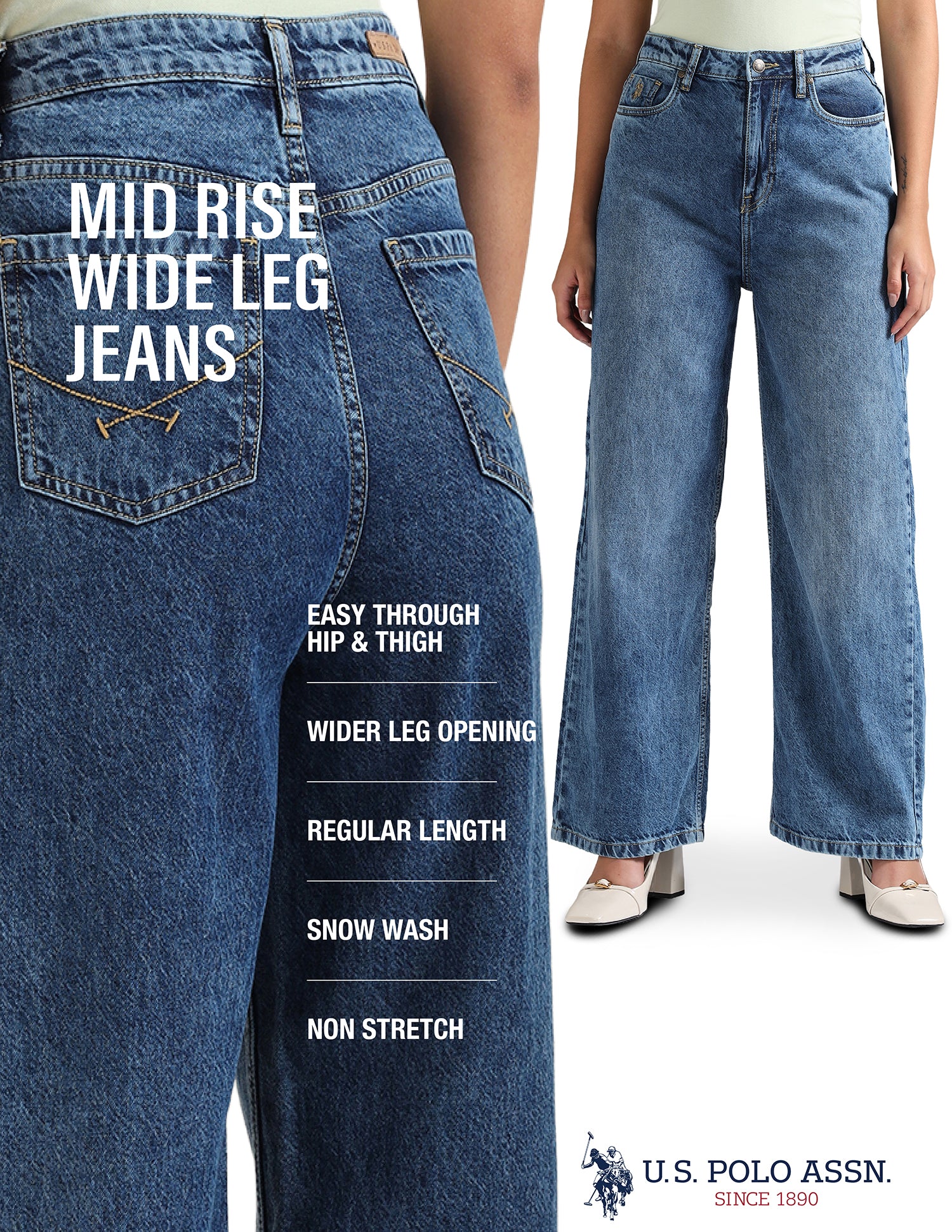 Wide Leg Mid Rise Jeans Blue - U.S. Polo Assn. India | Large