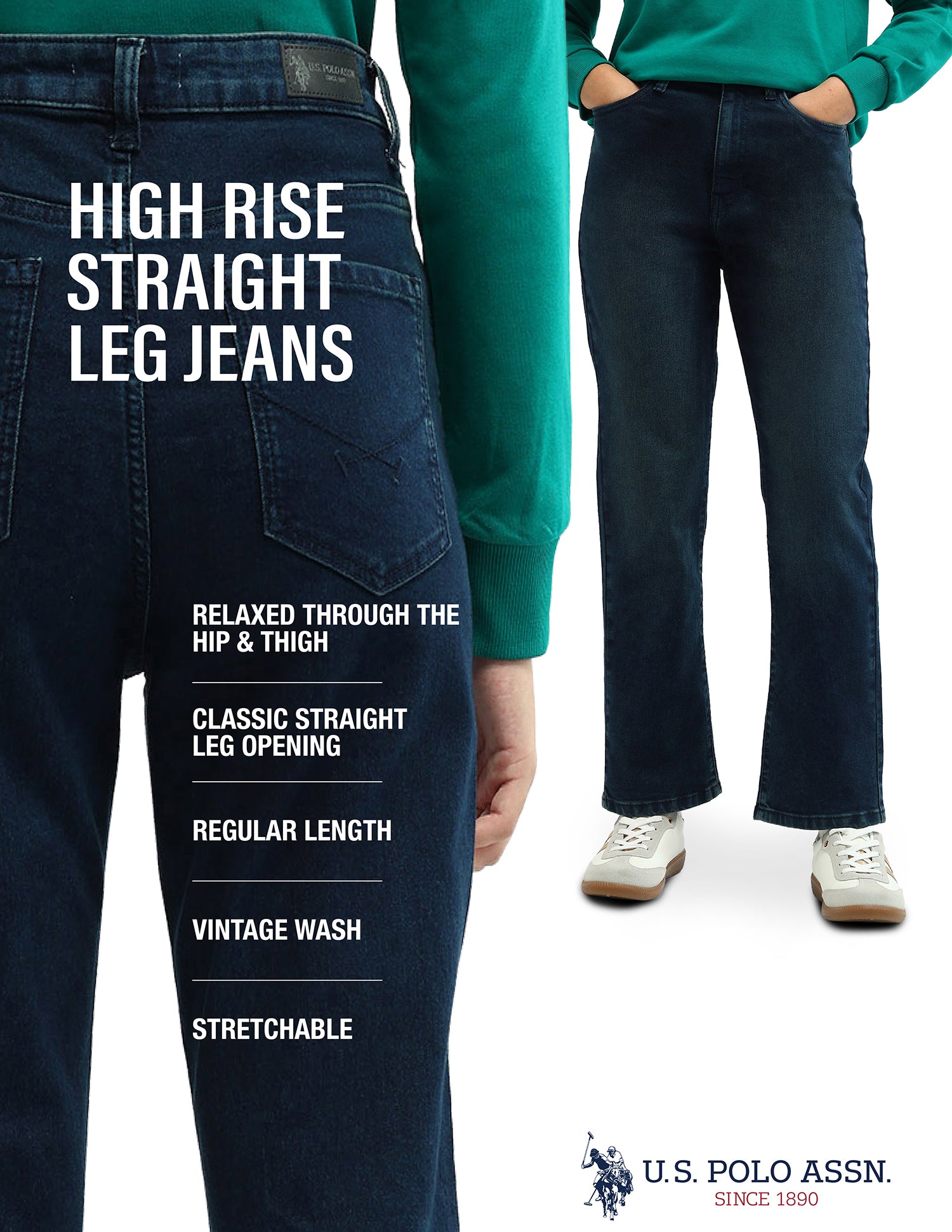 High Rise Straight Fit Jeans Dark Blue - U.S. Polo Assn. India | Large