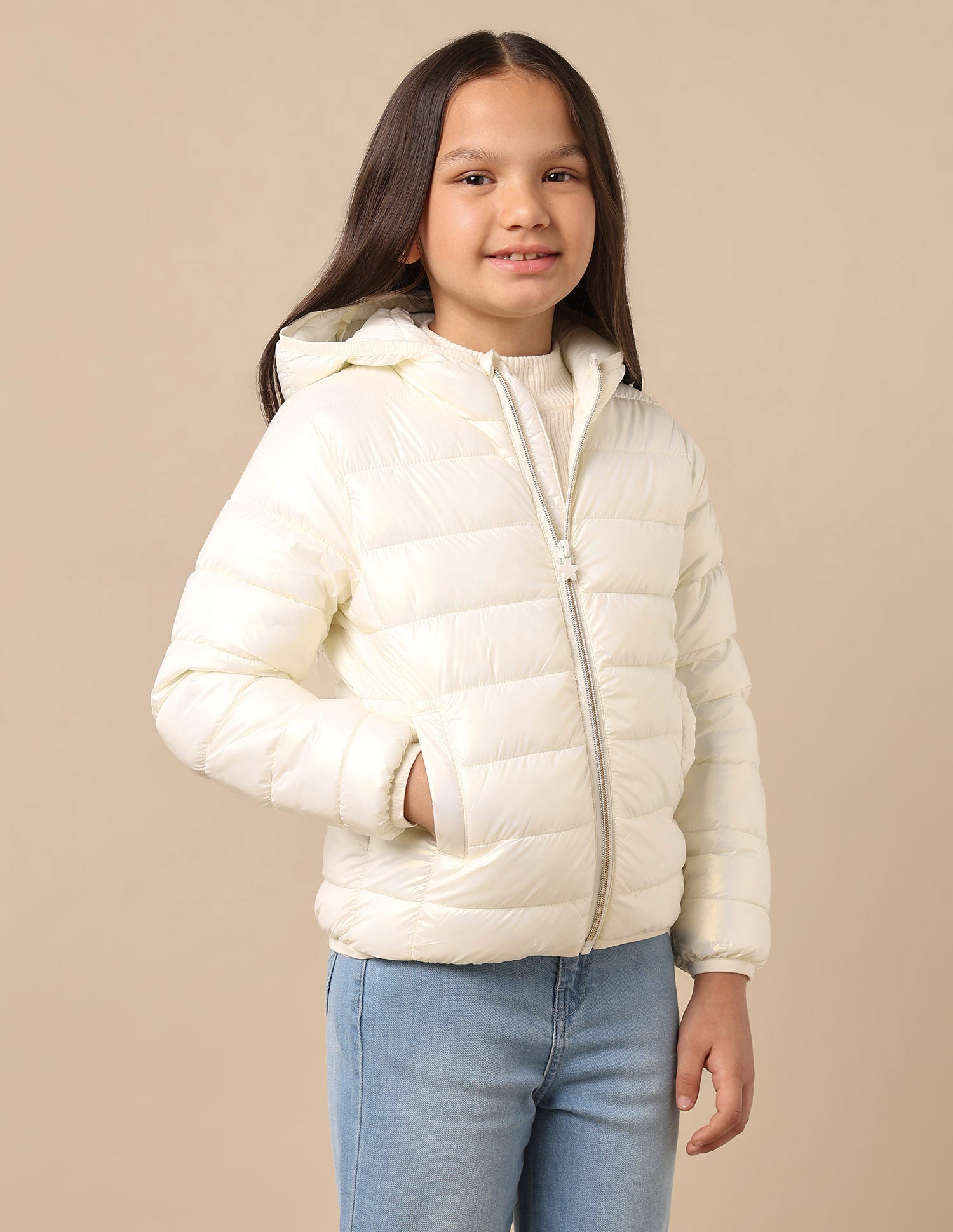 Girls Nylon Puffer Jacket Ecru - U.S. POLO ASSN. | Large