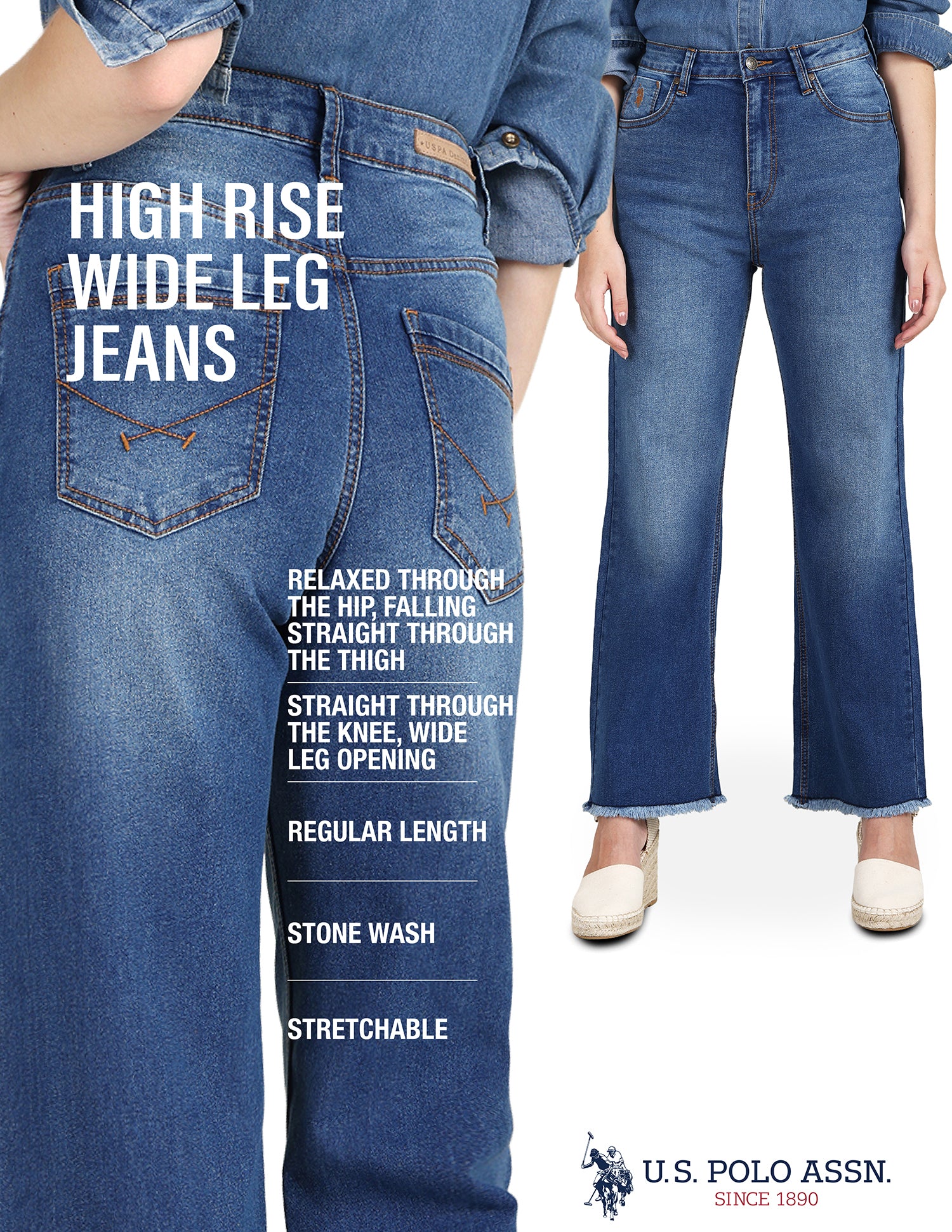 High Rise Wide Leg Whiskered Jeans Blue - U.S. Polo Assn. India | Large