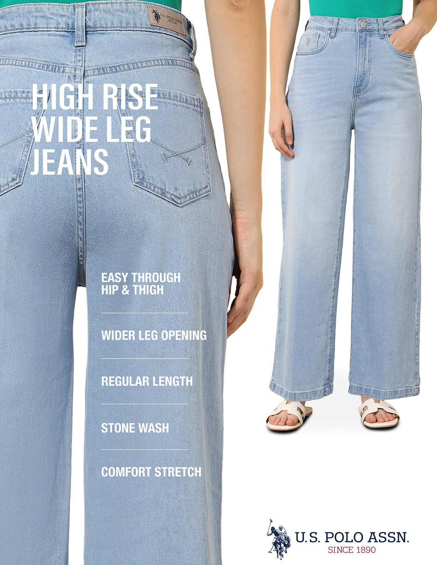 High Rise Wide Leg Jeans Light Blue - U.S. Polo Assn. India | Large