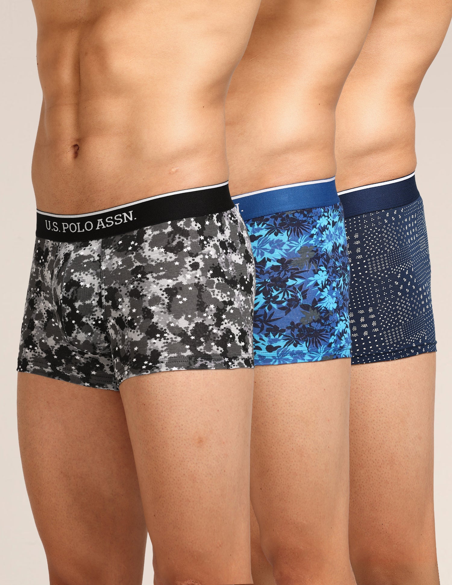Mid Rise Printed OET24 Trunks - Pack Of 3 Blue, Navy, Blue - U.S. Polo Assn. India | Large