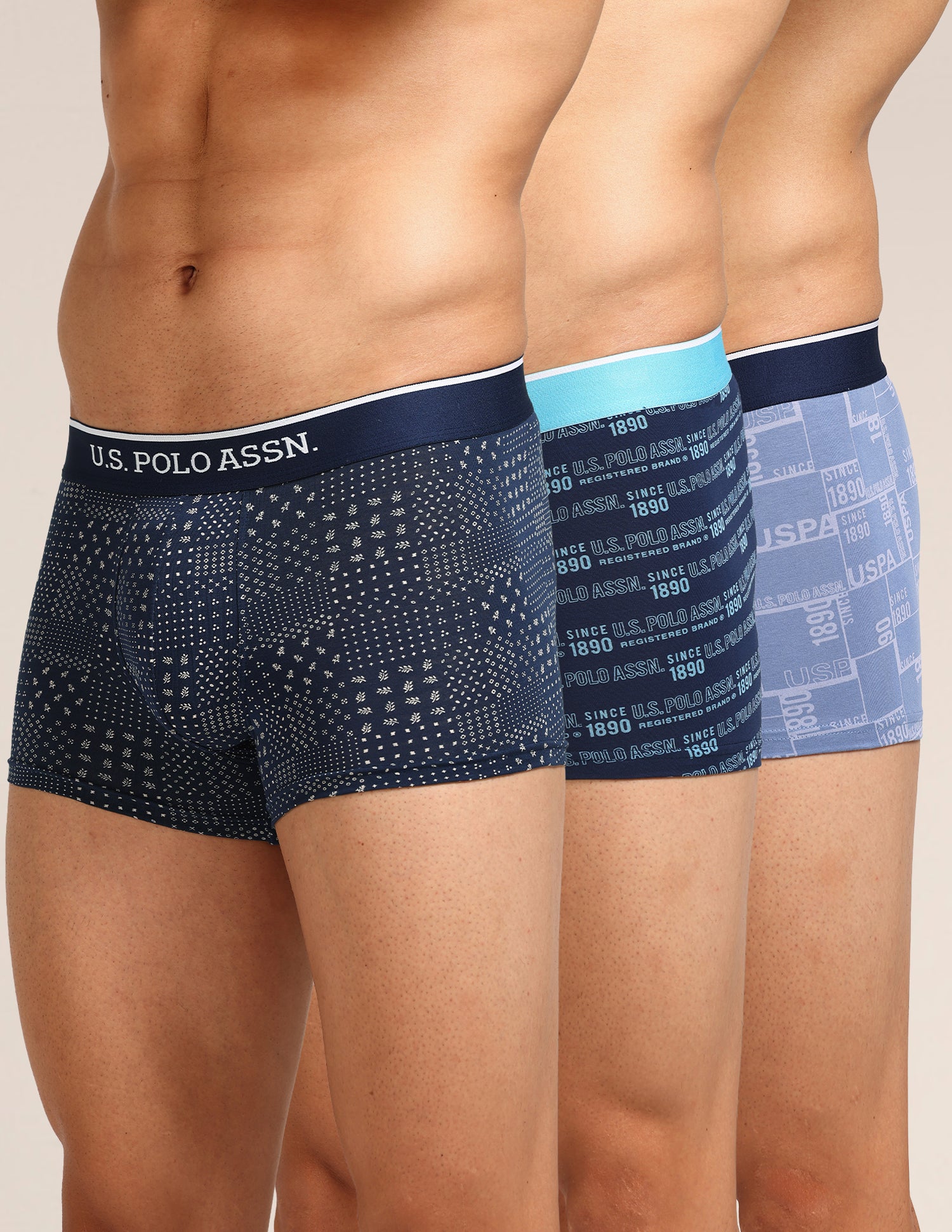 Mid Rise Printed OET24 Trunks - Pack Of 3 Blue, Navy, Light Blue - U.S. Polo Assn. India | Large