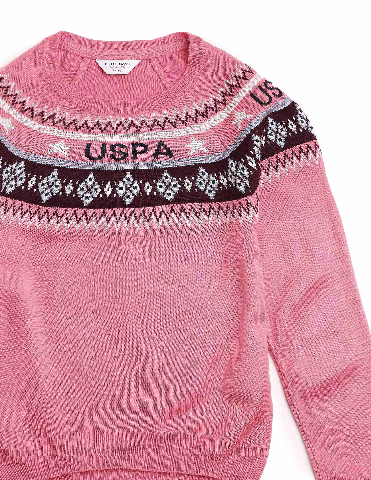 Girls Geometric Patterned Knit Sweater Pink - U.S. POLO ASSN. | Large