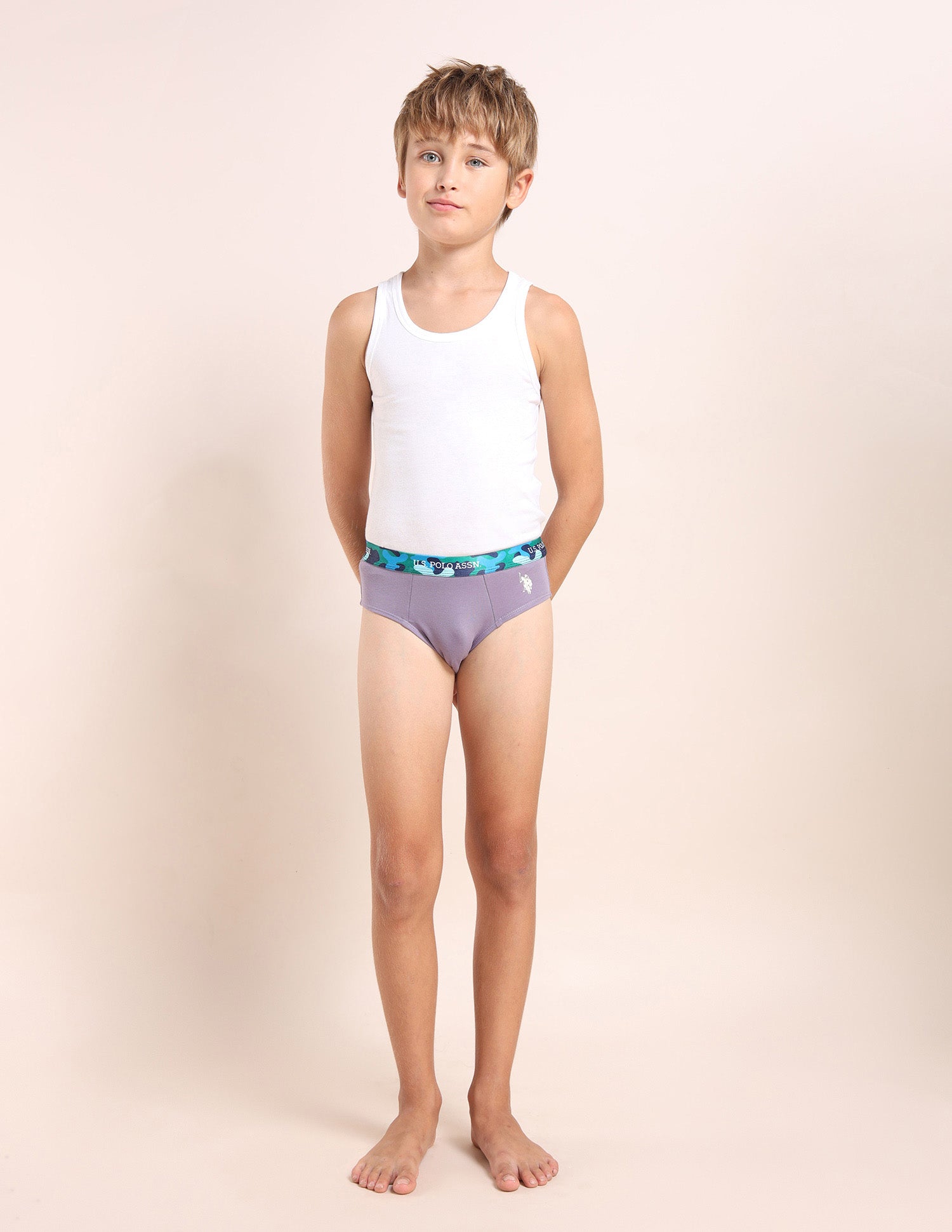 Boys Cotton Spandex Solid Briefs - Pack Of 5 White, Green, Yellow, Purple and Blue - U.S. POLO ASSN. | Large