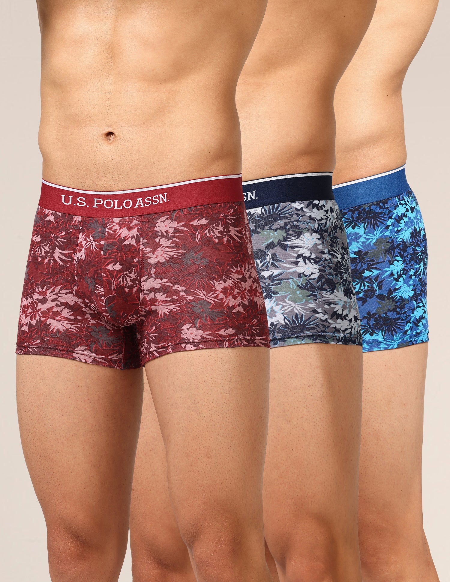 Mid Rise Printed OET24 Trunks - Pack Of 3 Blue, Red, Grey - U.S. Polo Assn. India | Large