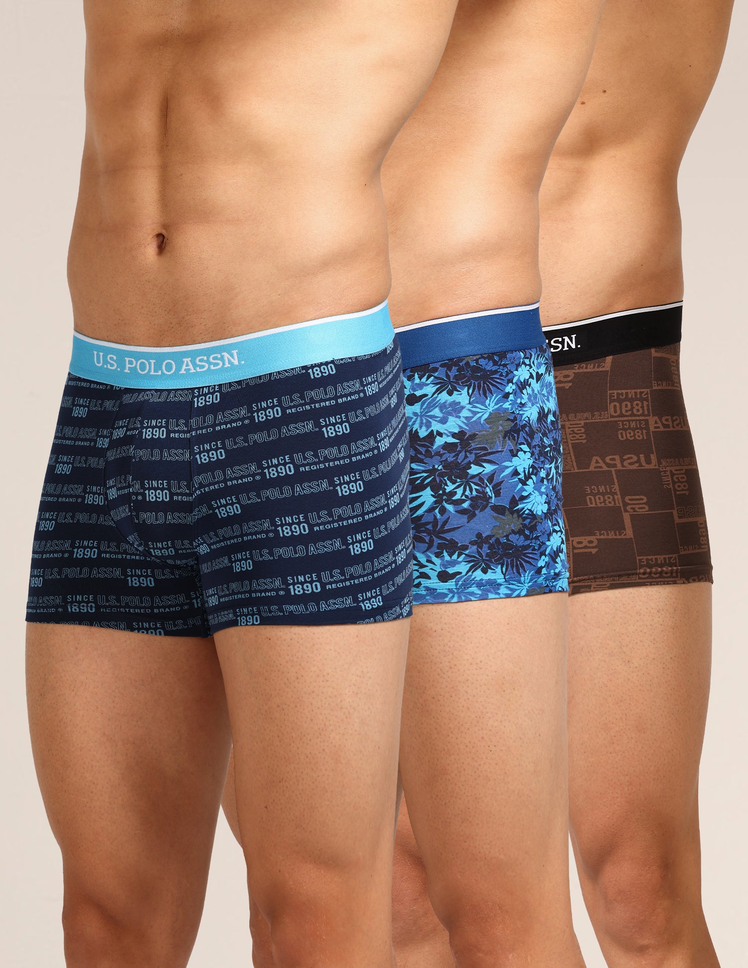 Mid Rise Printed OET24 Trunks - Pack Of 3 Blue, Blue, Bracken - U.S. Polo Assn. India | Large
