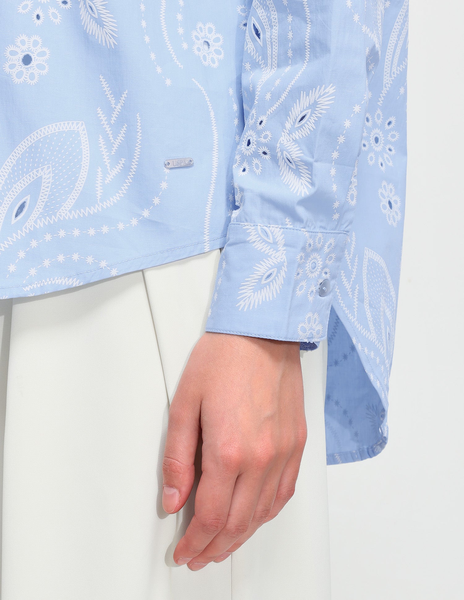 Floral Printed Cut Work Oversized Fit Shirt Light Blue - U.S. Polo Assn. India | Large