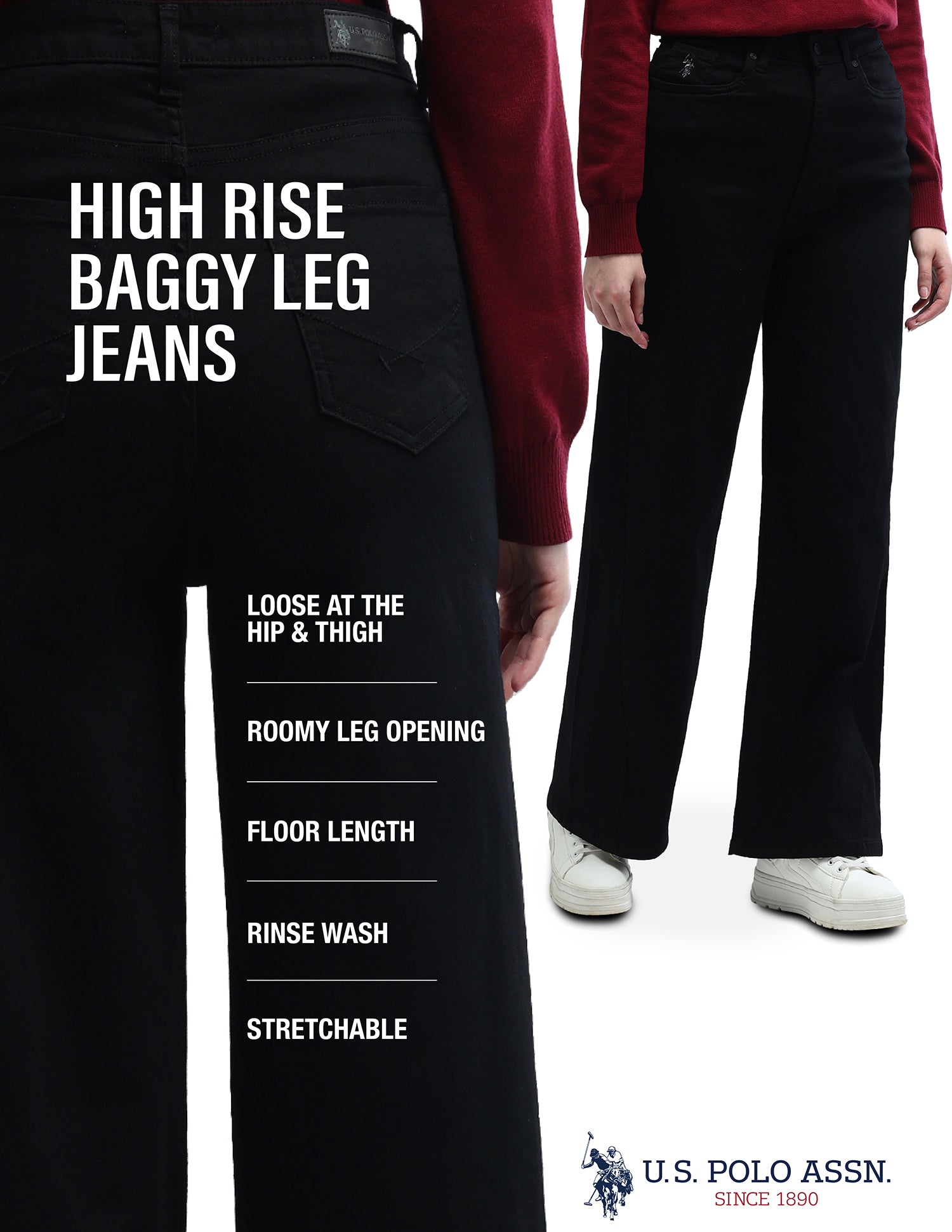 High Rise Stretchable Baggy Jeans Black - U.S. Polo Assn. India | Large